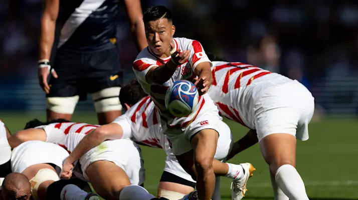 2023 Rugby World Cup Pool D, Stade de Beaujoire, Nantes, France 8/10/2023 Japan vs ArgentinaNaoto Saito of Japan passes the ballMandatory Credit ©INPHO/Juan Gasparini