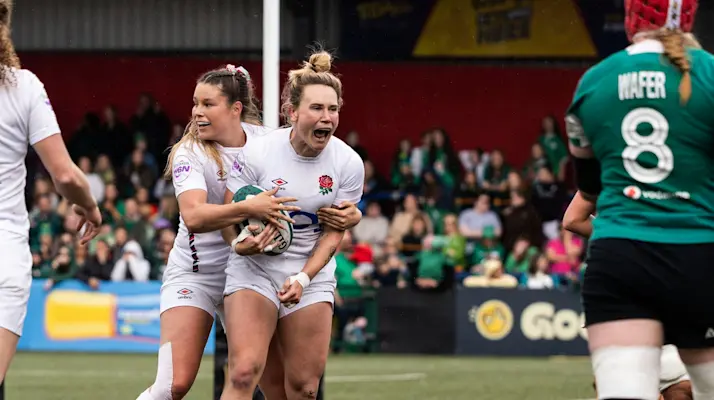 England's Megan Jones celebrates scoring a try at Leicester's Mattioli Woods Welford Road Stadium in 2025.