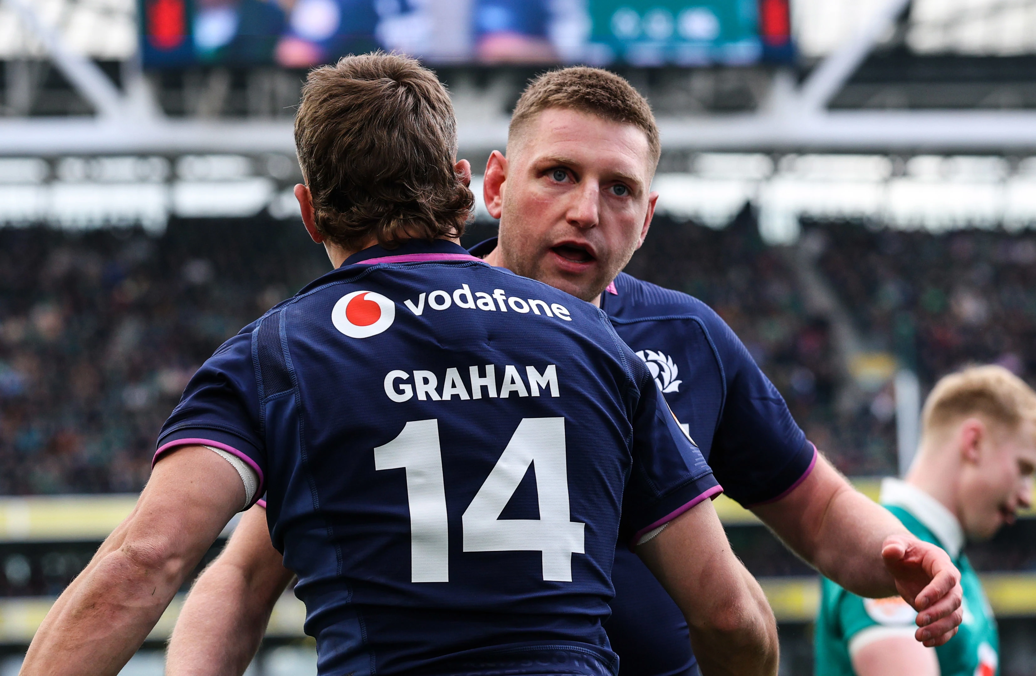 Scotland’s Darcy Graham celebrates scoring their first try with Finn Russell during the 2026 Guinness Six Nations Championship Round 5 game between Ireland and Scotland in the Aviva Stadium, Dublin,