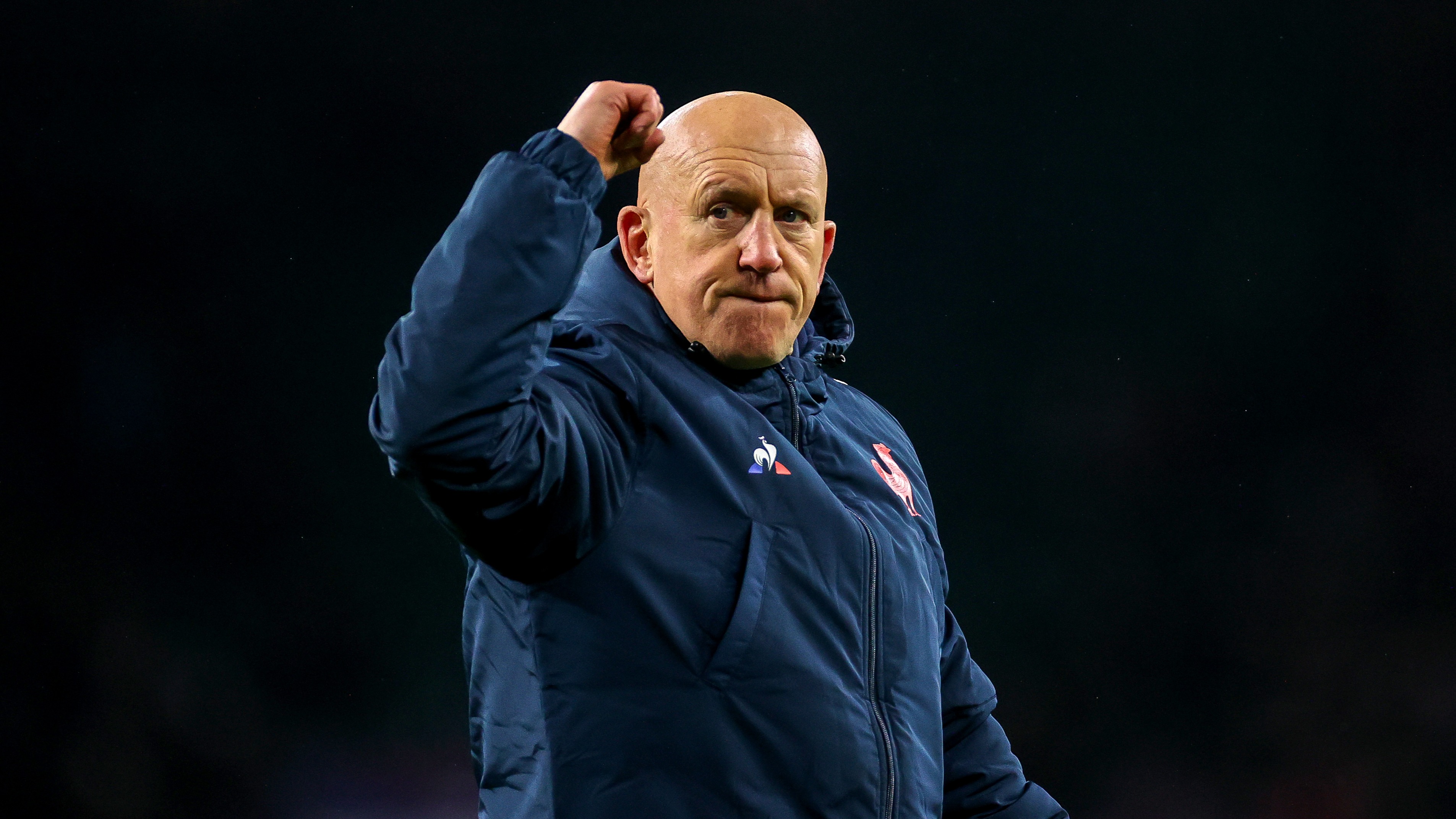 France defence coach Shaun Edwards celebrates beating England during the 2023 Championship.