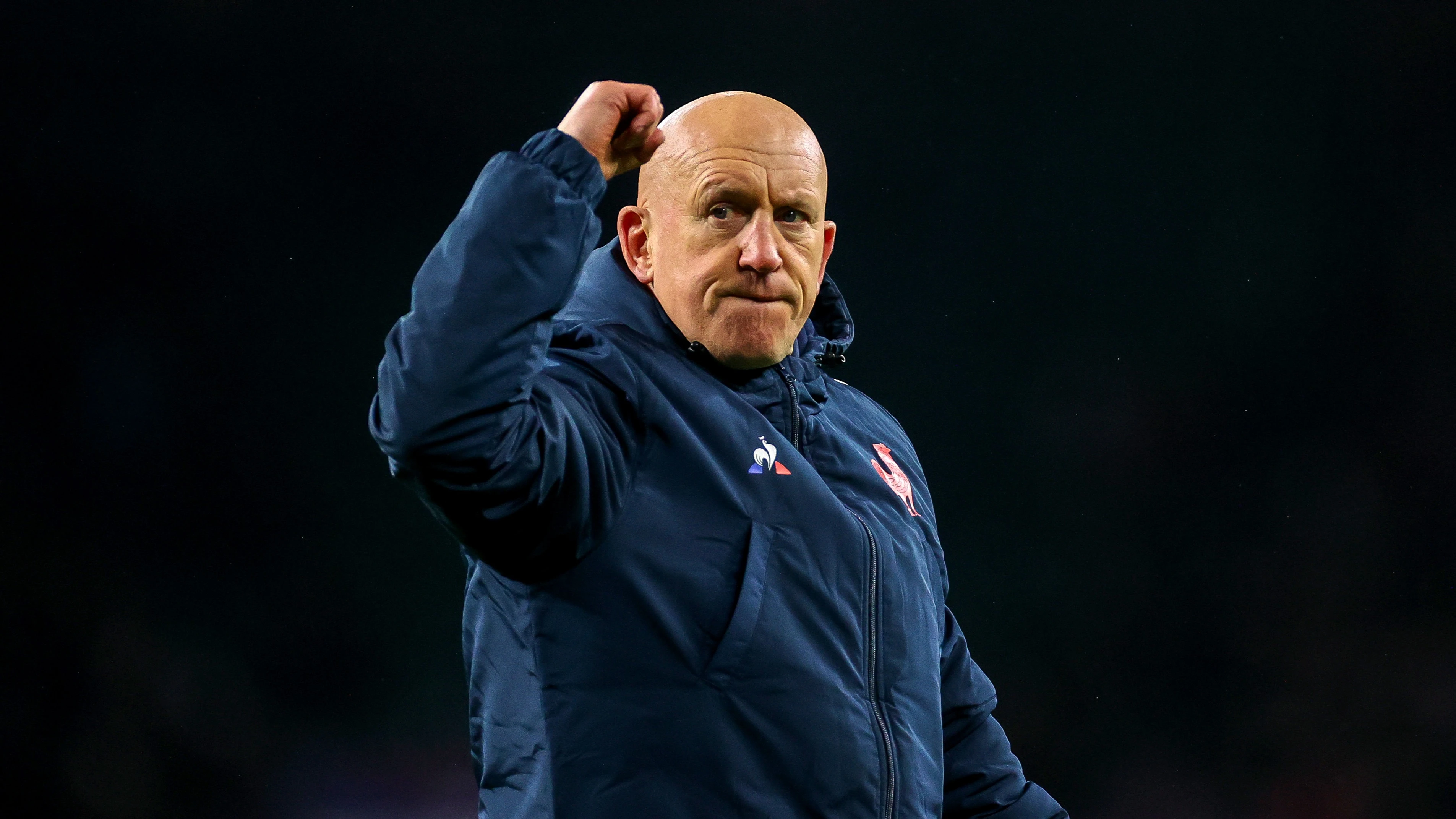 France defence coach Shaun Edwards celebrates beating England during the 2023 Championship.