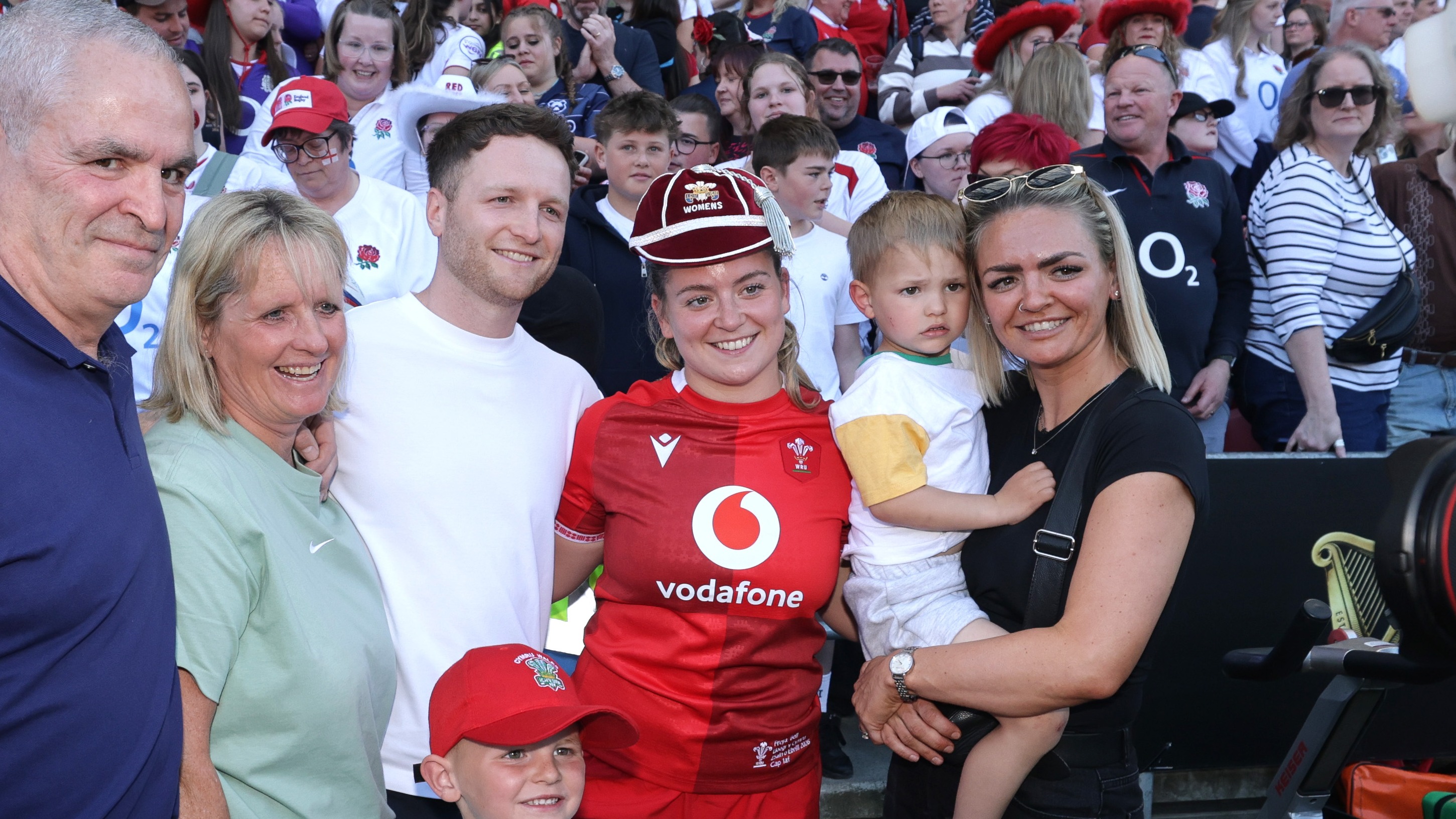 Wales’ Freya Bell celebrates with family after the 2026 Guinness Women's Six Nations Championship Round 3 game between England and Wales in Ashton Gate Stadium, Bristol