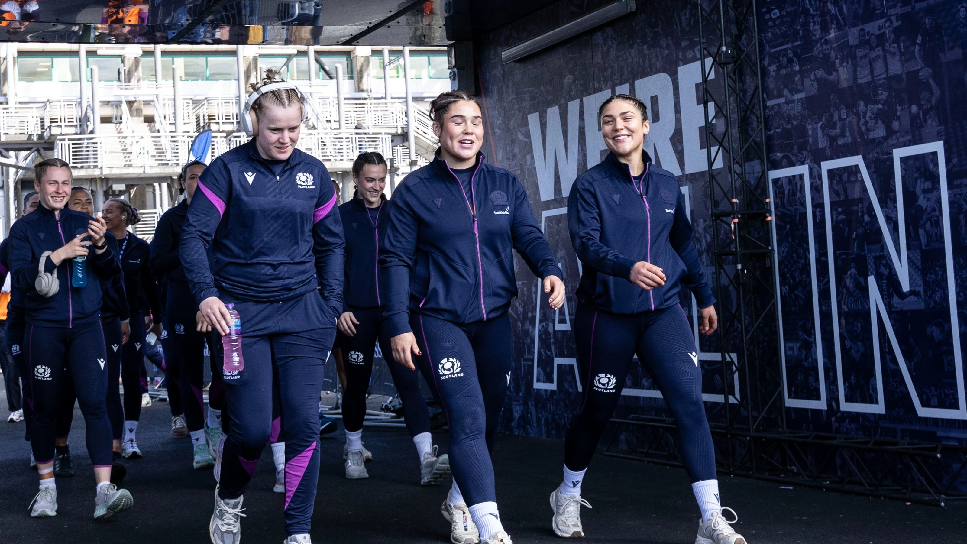 Scotland's Meryl Smith, Elliann Clarke and Rhea Clarke arrive ahead of the 2026 Guinness Women's Six Nations Championship Round 4 game between Scotland and France in Hive Stadium, Edinburgh