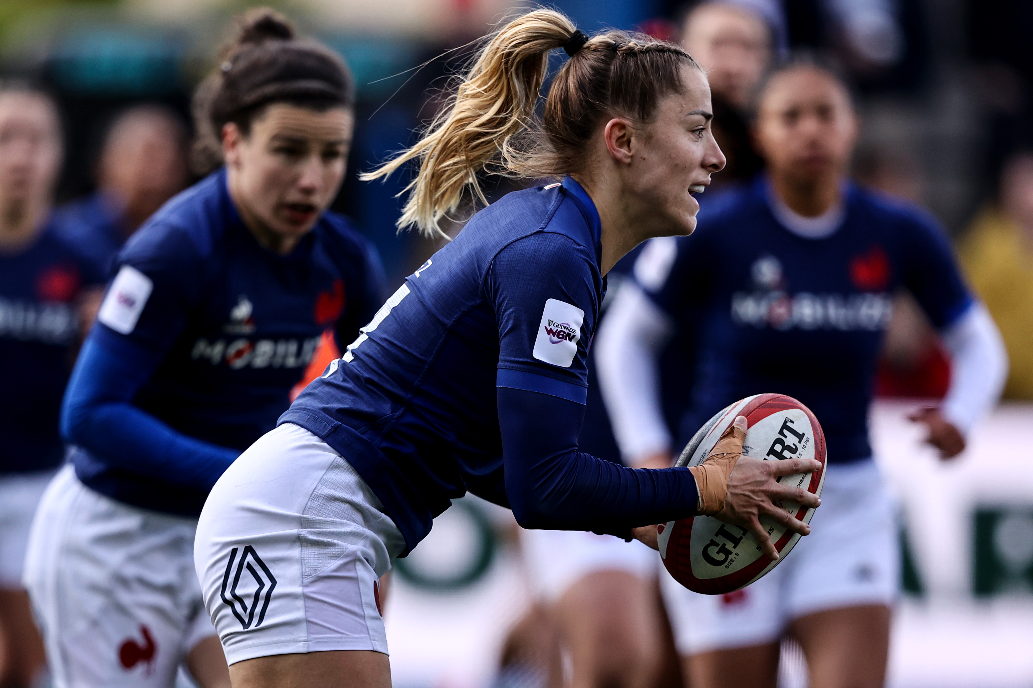 A view of Greatness W6N sleeve branding on the jersey of Joanna Grisez of France during the 2024 Guinness Women's Six Nations Championship Round 4 between Wales and France in Cardiff Arms Park, Sunday, April 21st, 2024 (Photo by Ben Brady / Inpho)