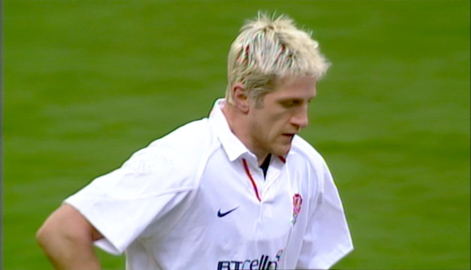 Will Greenwood walks back to the halfway line after scoring against Wales for England in the 2001 Championship.
