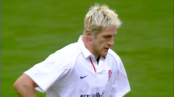 Will Greenwood walks back to the halfway line after scoring against Wales for England in the 2001 Championship.