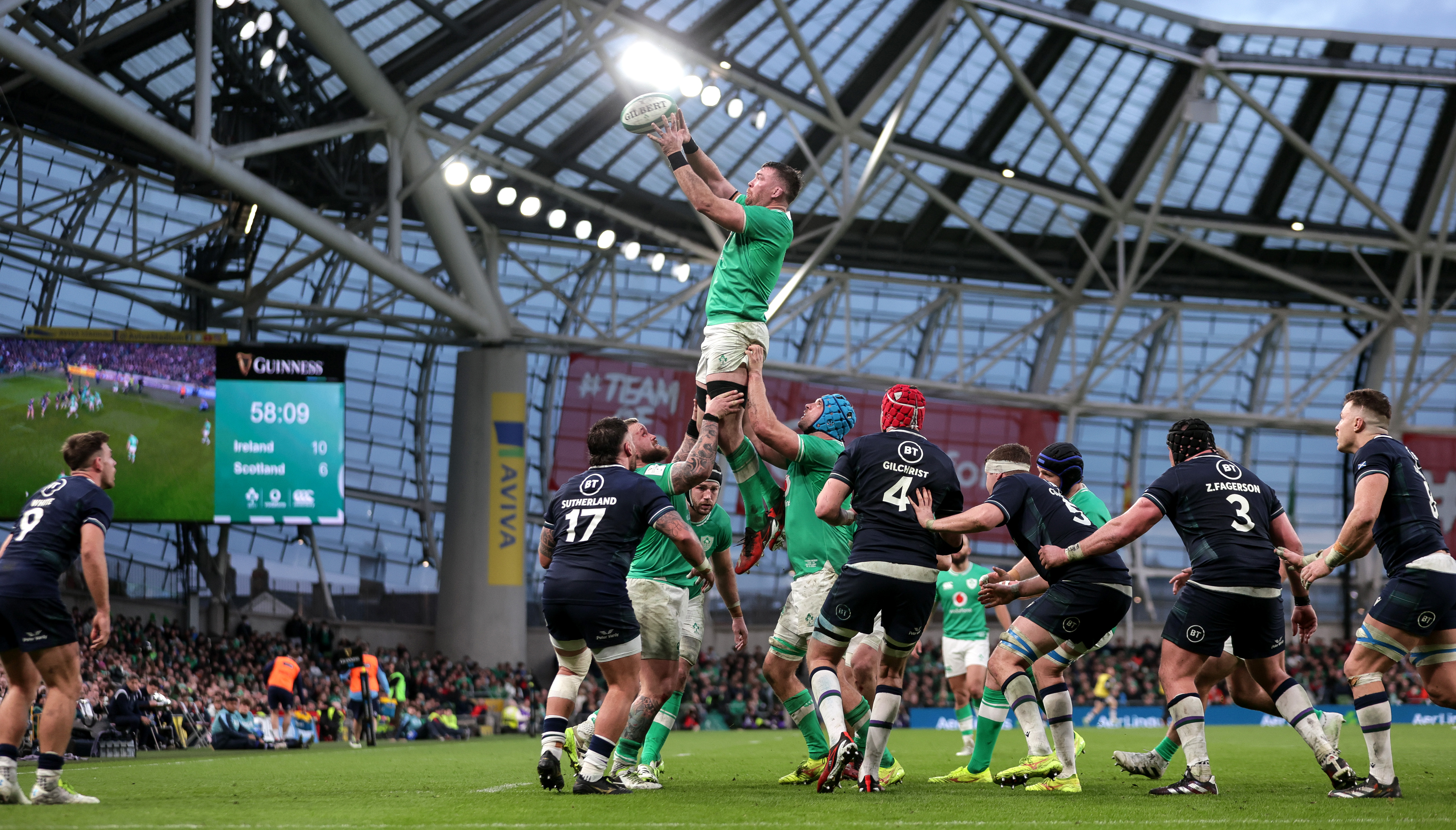 Ireland’s Peter O’Mahony claims a line-out during the 2024 Guinness Six Nations Championship Round 5 between Ireland and Scotland in the Aviva Stadium