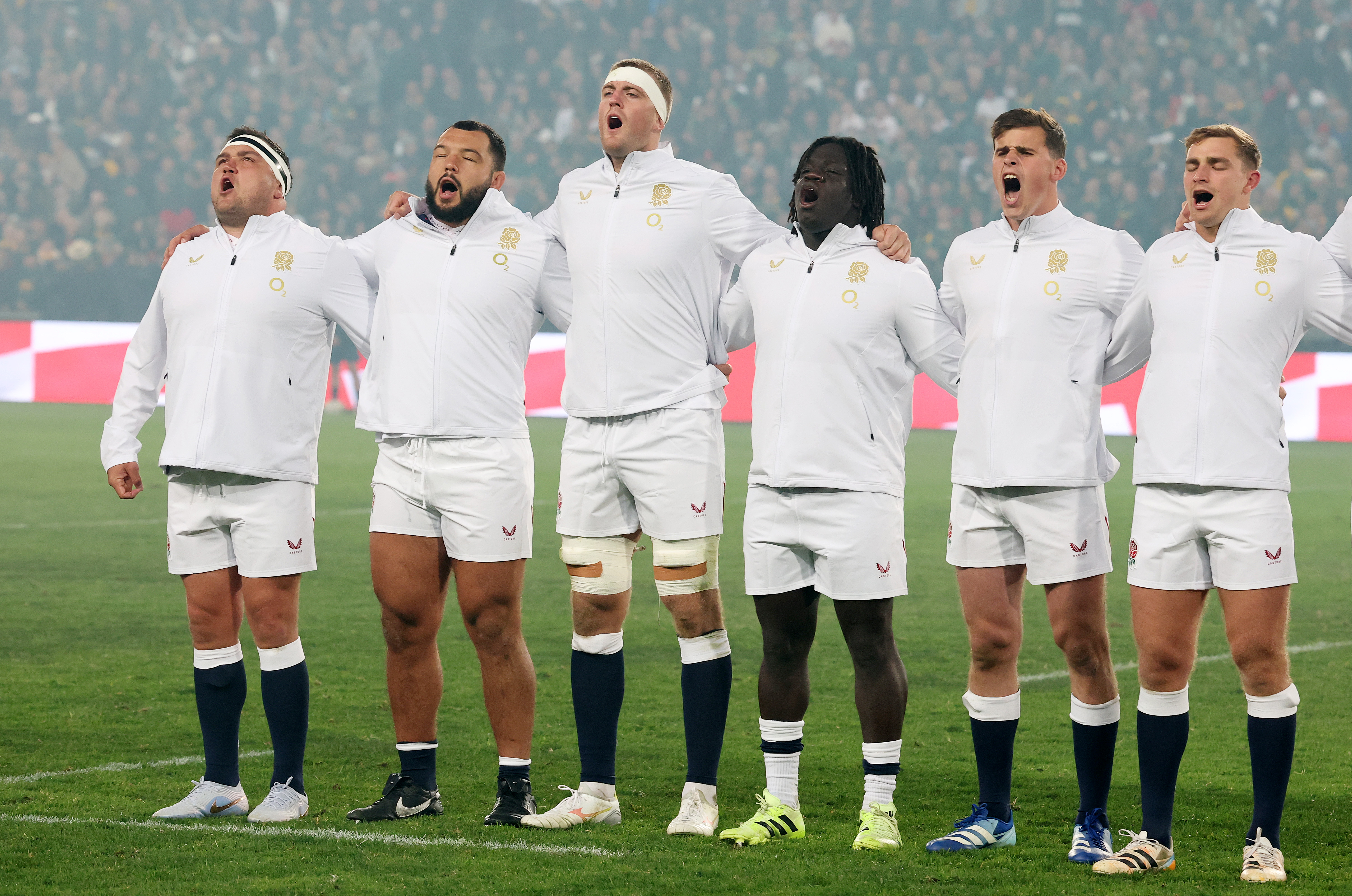 The England team during the anthems ahead of the 2026 Nations Championship encounter with the Springboks in Pretoria.