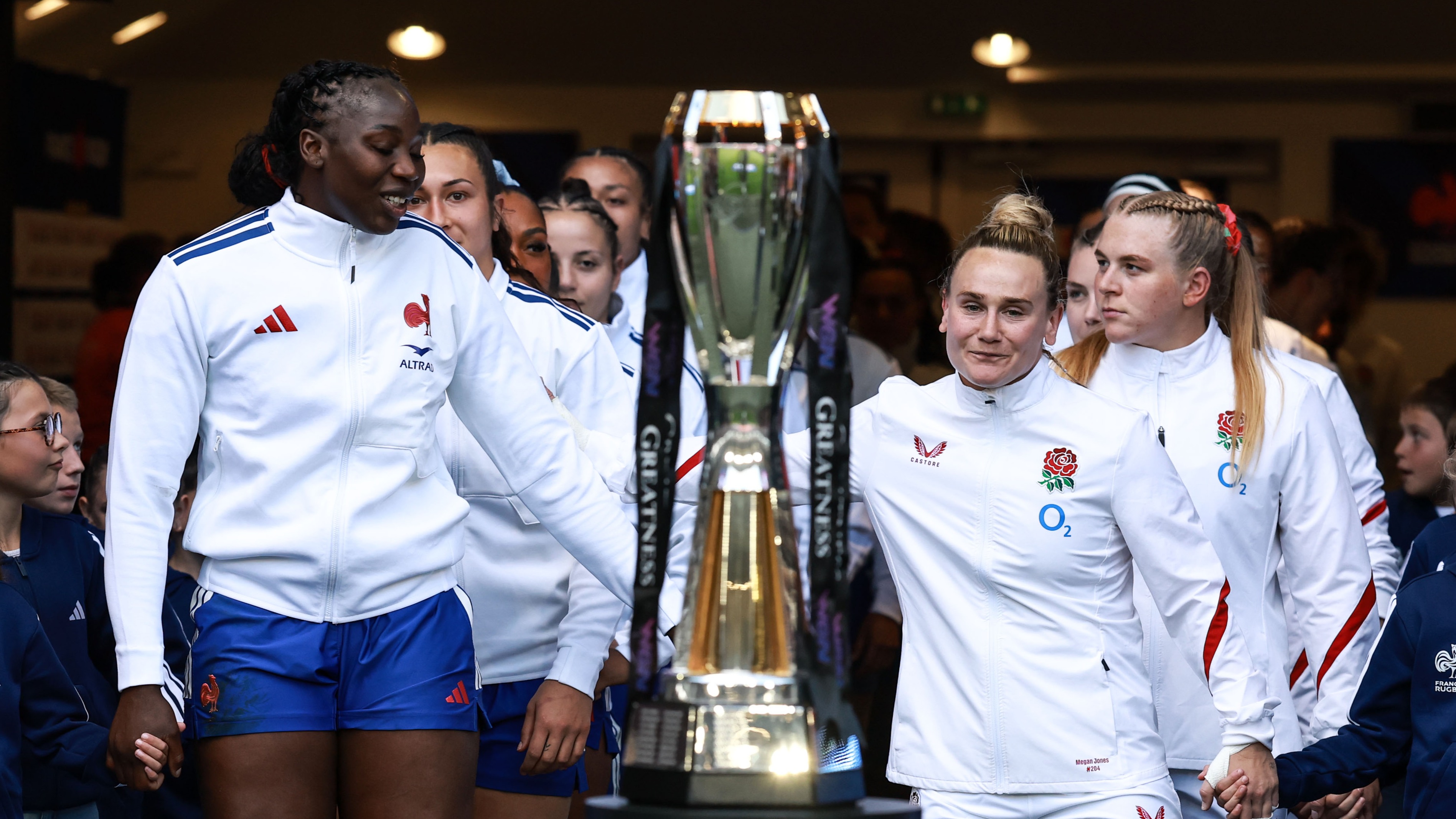 France's Madoussou Fall Raclot and England's Meg Jones ahead of the 2026 Guinness Women's Six Nations Championship Round 5 game between France and England in Matmut Atlantique, Bordeaux