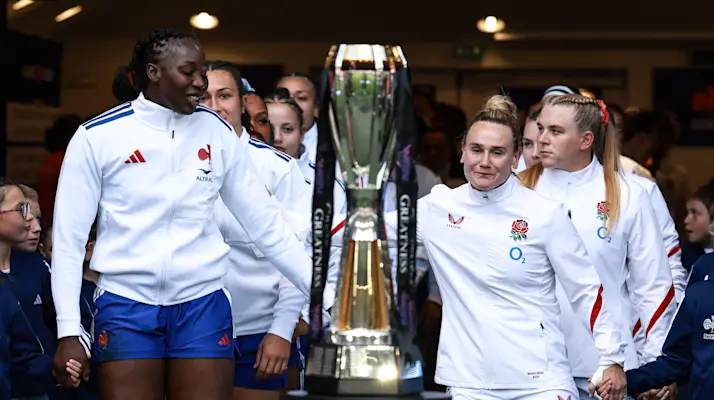 France's Madoussou Fall Raclot and England's Meg Jones ahead of the 2026 Guinness Women's Six Nations Championship Round 5 game between France and England in Matmut Atlantique, Bordeaux