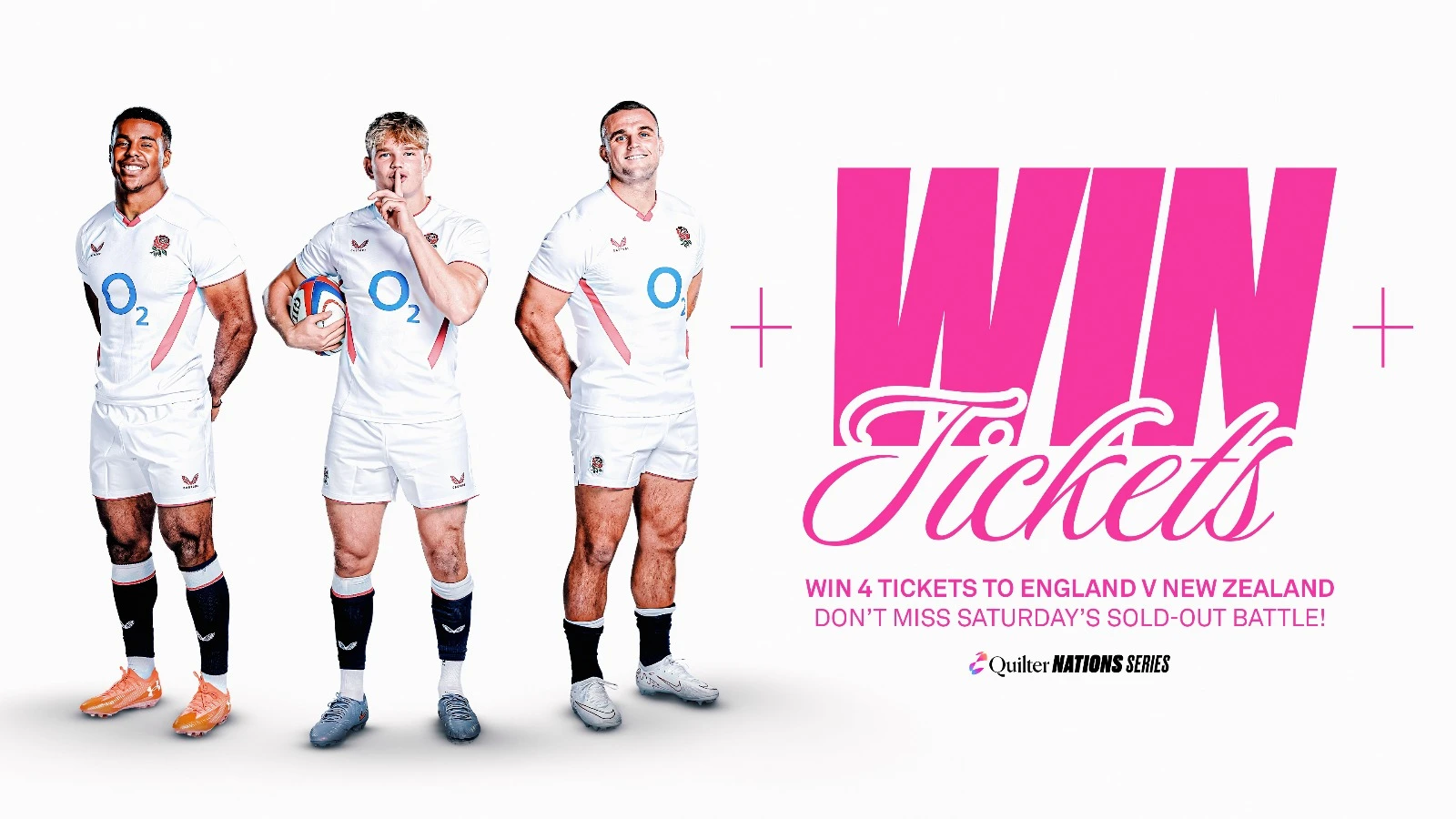 A graphic promoting the England v New Zealand ticket competition featuring England's Ben Earl, Henry Pollock and Immanuel Feyi-Waboso.