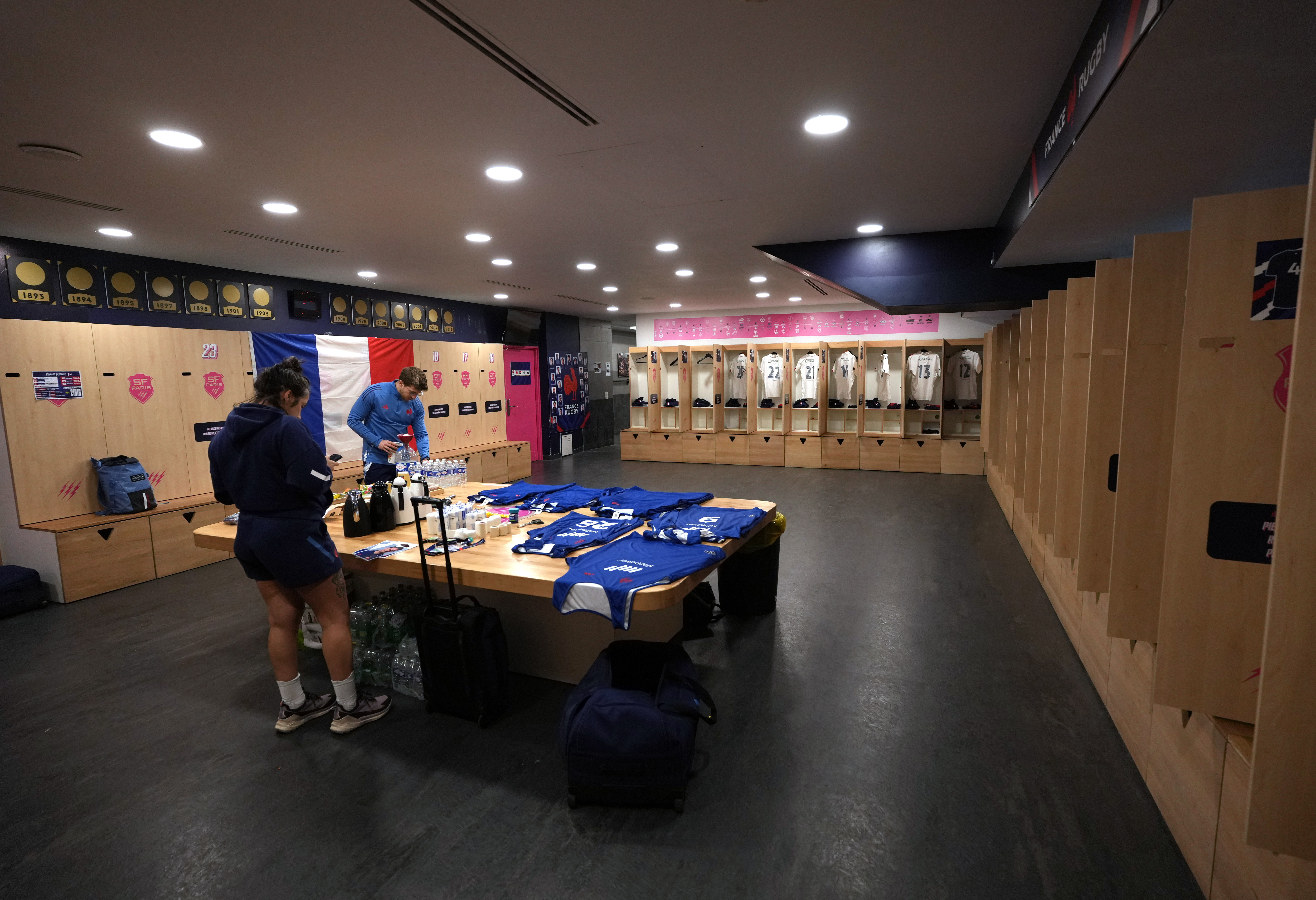 France shirts hanging in the lockers usually used by host club Stade Francais before the 2025 Under 20 Six Nations Championship Round 5 game between France and Scotland in the Stade Jean Bouin, Paris, France, Friday, March 14, 2025 (Photo by Dave Winter / Inpho)
