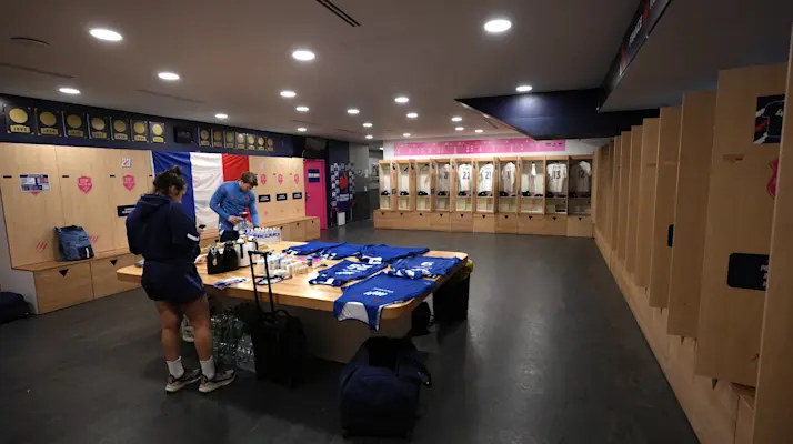 France shirts hanging in the lockers usually used by host club Stade Francais before the 2025 Under 20 Six Nations Championship Round 5 game between France and Scotland in the Stade Jean Bouin, Paris, France, Friday, March 14, 2025 (Photo by Dave Winter / Inpho)