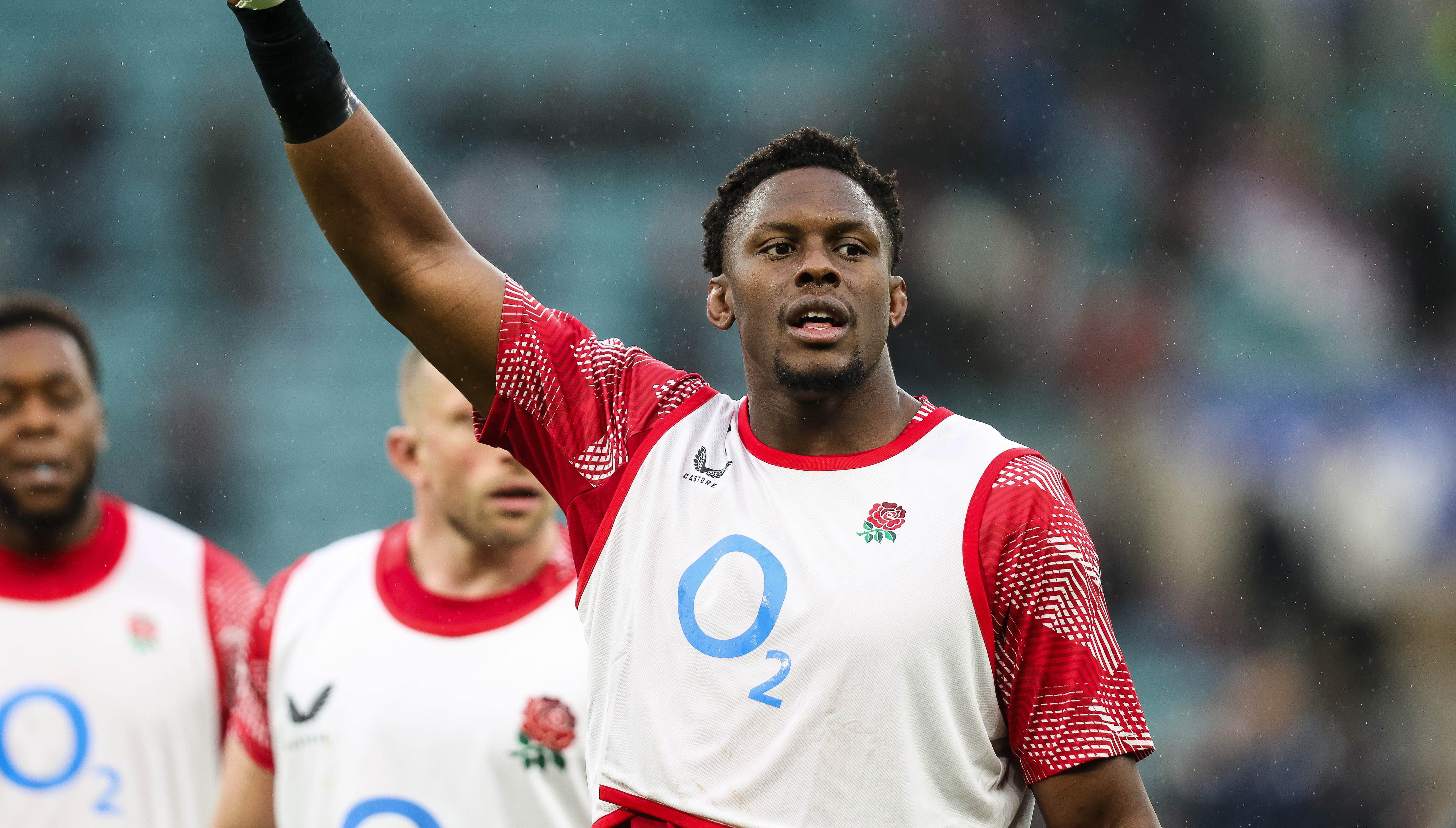 England captain Maro Itoje raises his arm in the warm-up for the Wales match in round one of the 2026 Championship.