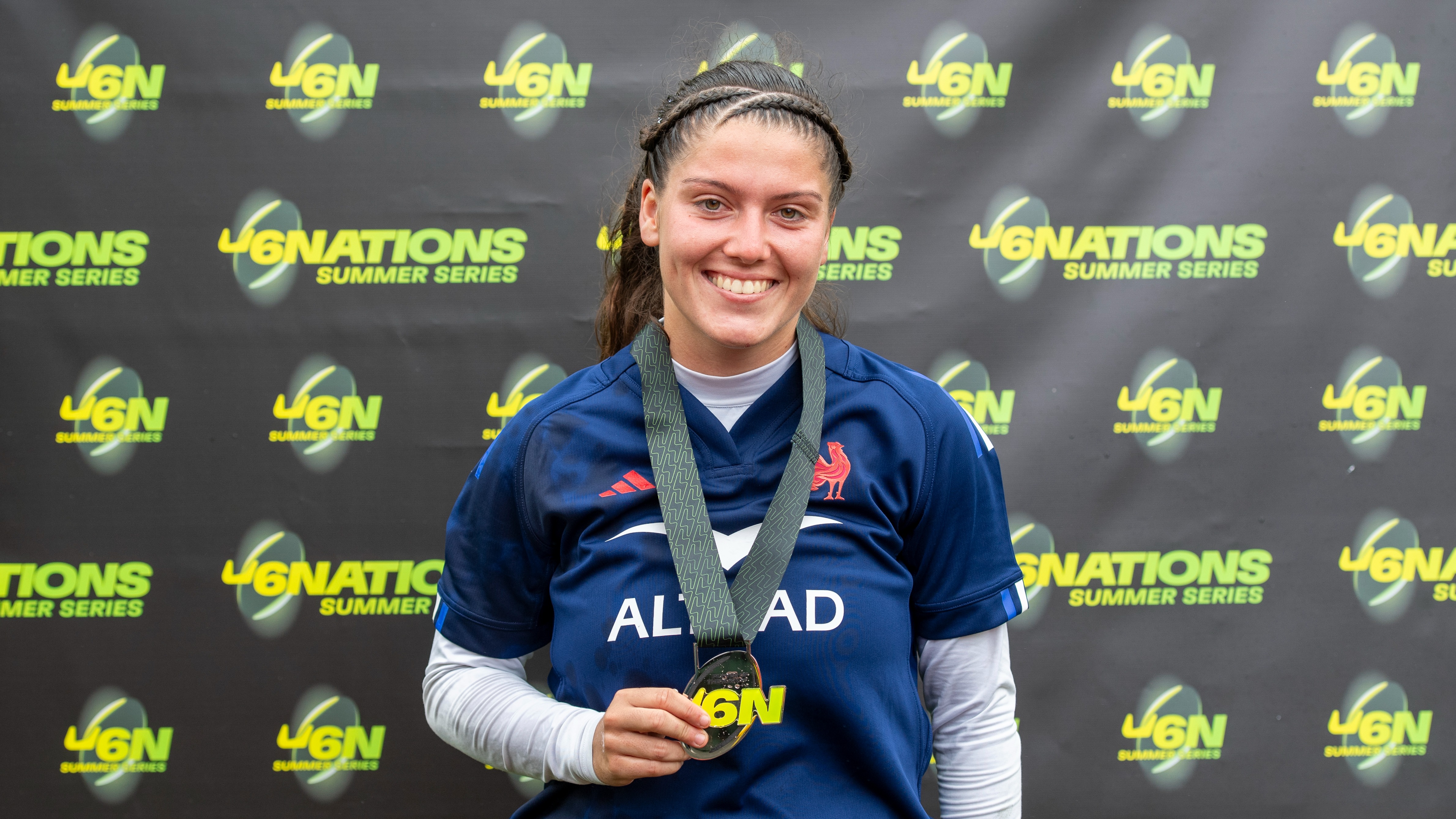 France’s Pauline Barrat is the player of the match during the 2025 Six Nations Women’s Summer Series game between France and Italy in the Centre of Sporting Excellence, Caerphilly, Wales, 