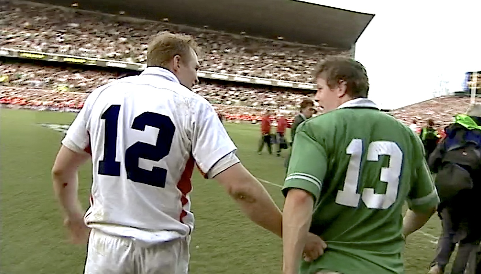 Mike Tindall and Brian O'Driscoll return to the Lansdowne Road pitch at the full-time whistle of Ireland v England in the 2003 Championship.