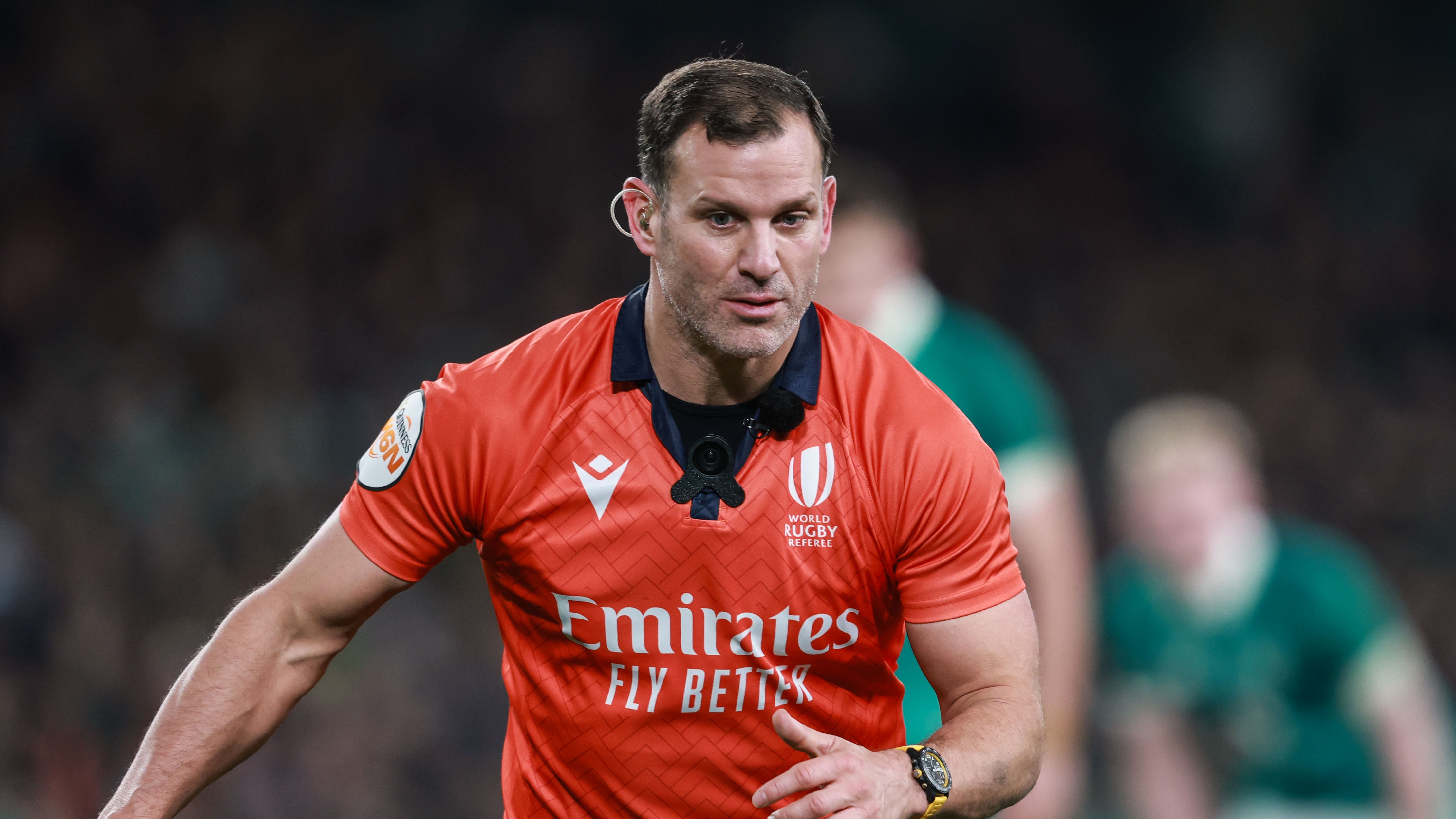 Referee Karl Dickson during the 2026 Guinness Six Nations Championship Round 4 game between Ireland and Wales in the Aviva Stadium, Dublin.