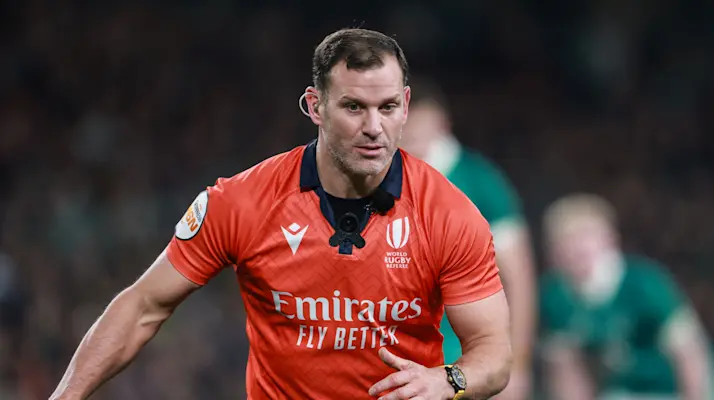 Referee Karl Dickson during the 2026 Guinness Six Nations Championship Round 4 game between Ireland and Wales in the Aviva Stadium, Dublin.