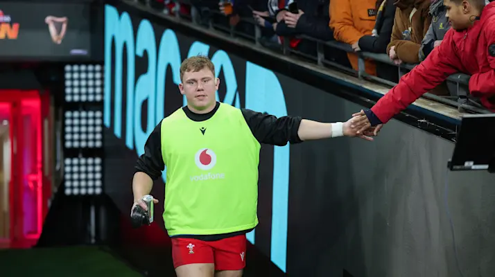 Wales' Sam Costelow walks out for the warm-up ahead of the 2026 Guinness Men's Six Nations Championship Round 2 game between Wales and France.