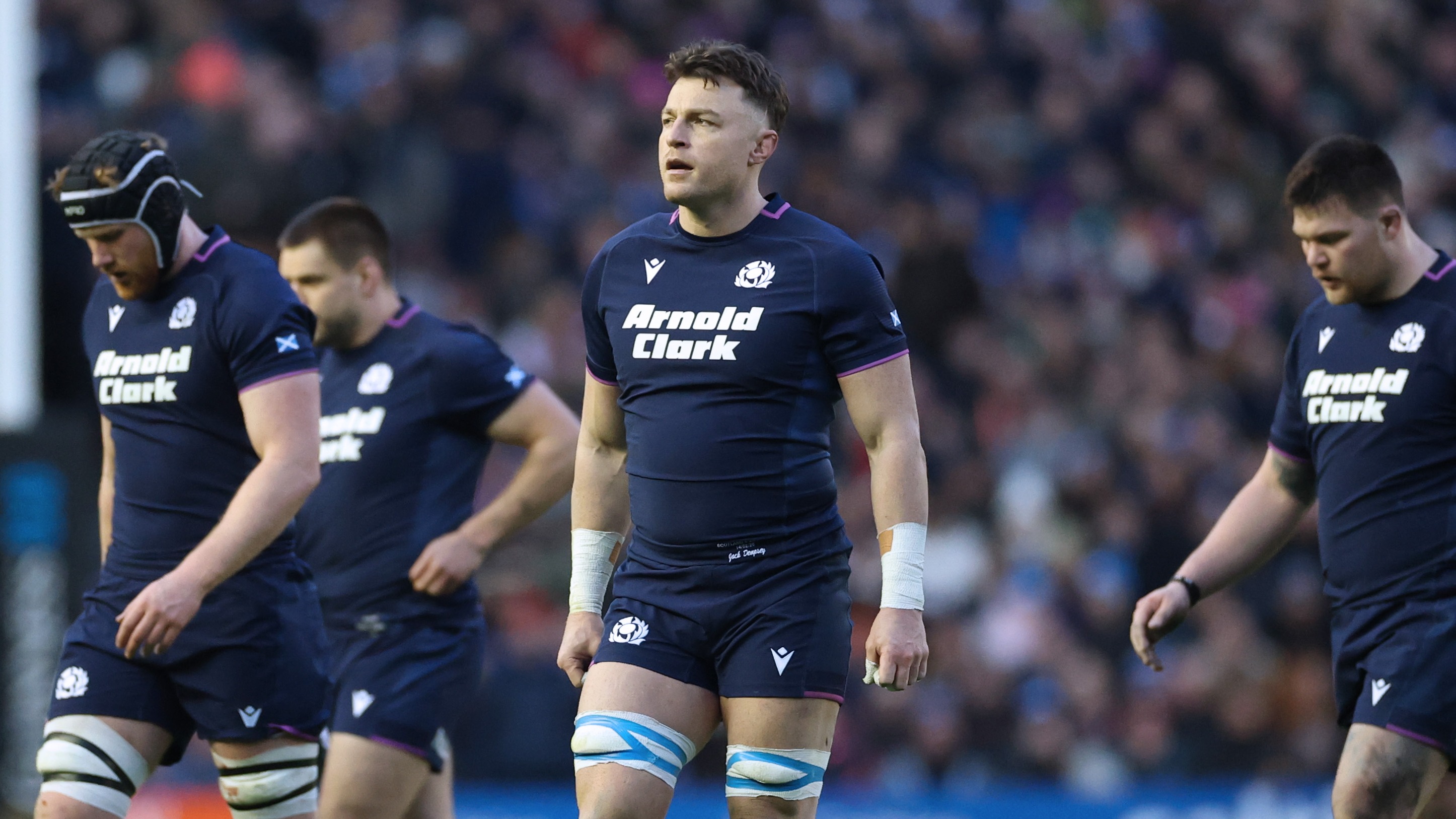 Scotland forward Jack Dempsey looks up into the crowd during the 2026 Championship match with England.