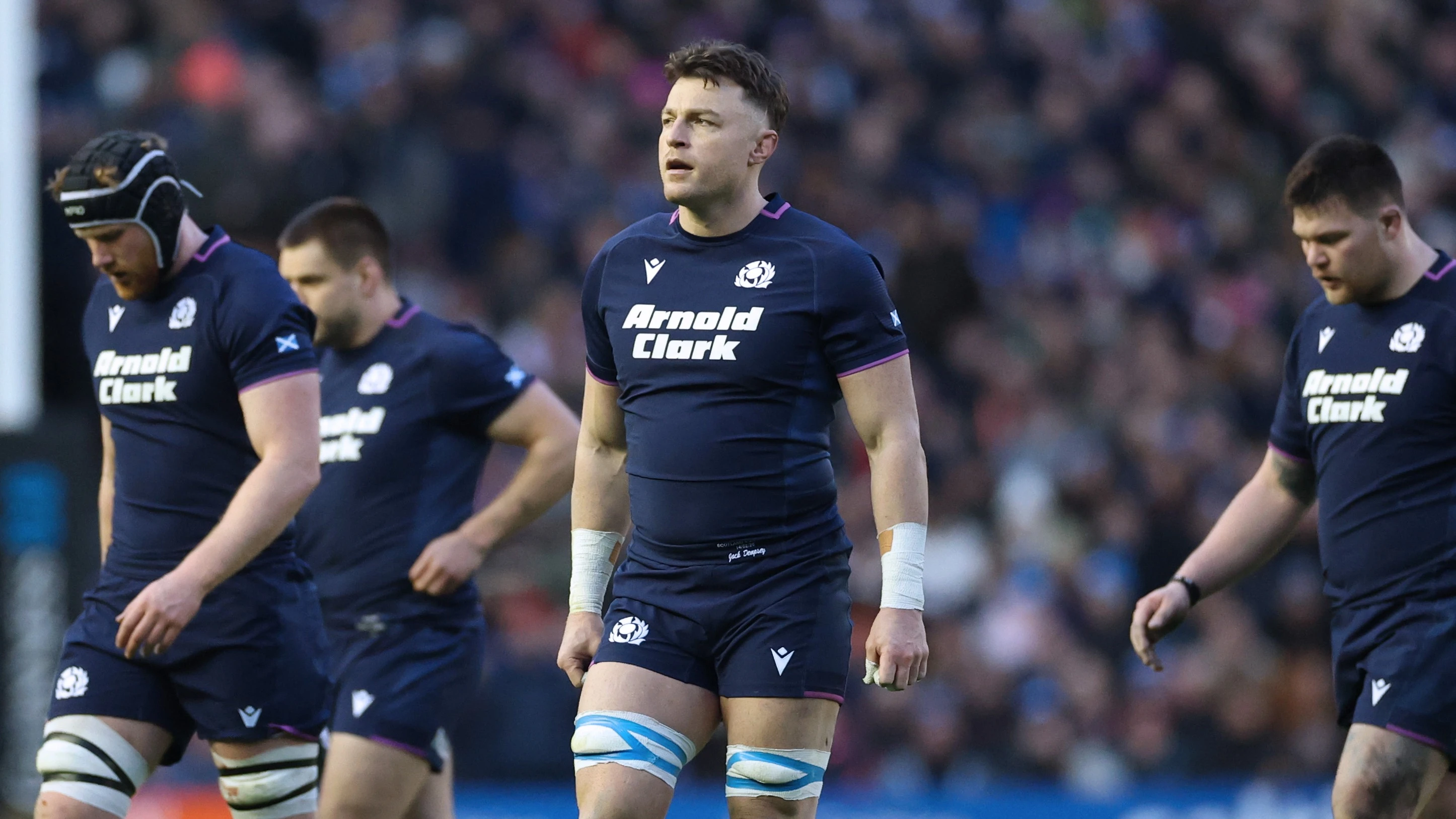 Scotland forward Jack Dempsey looks up into the crowd during the 2026 Championship match with England.