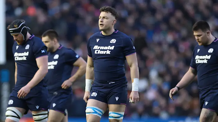 Scotland forward Jack Dempsey looks up into the crowd during the 2026 Championship match with England.