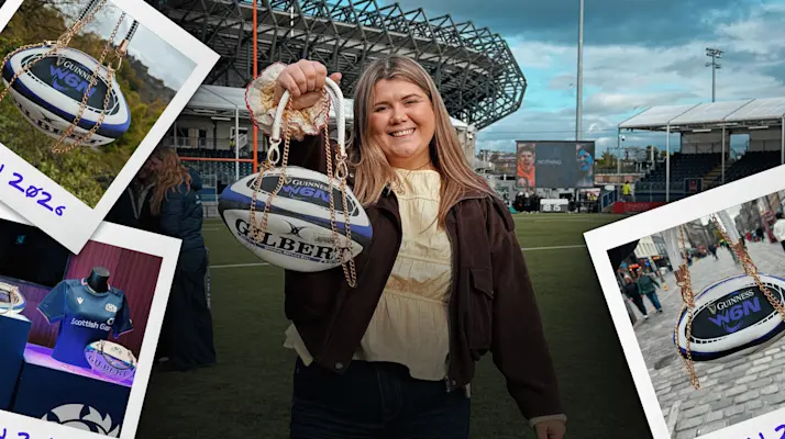 A graphic featuring designer Annie Carmen and her rugby ball handbags.