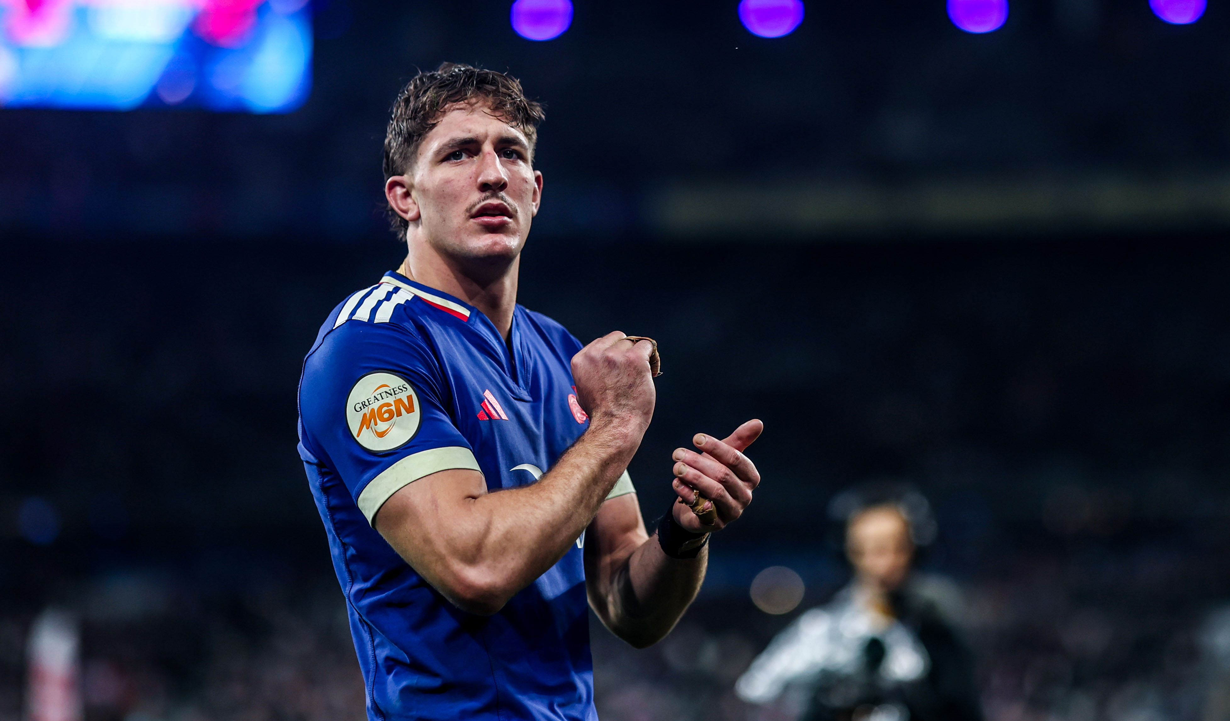 France's Oscar Jegou applauds the fans following victory against Ireland in the 2026 Guinness Men's Six Nations.