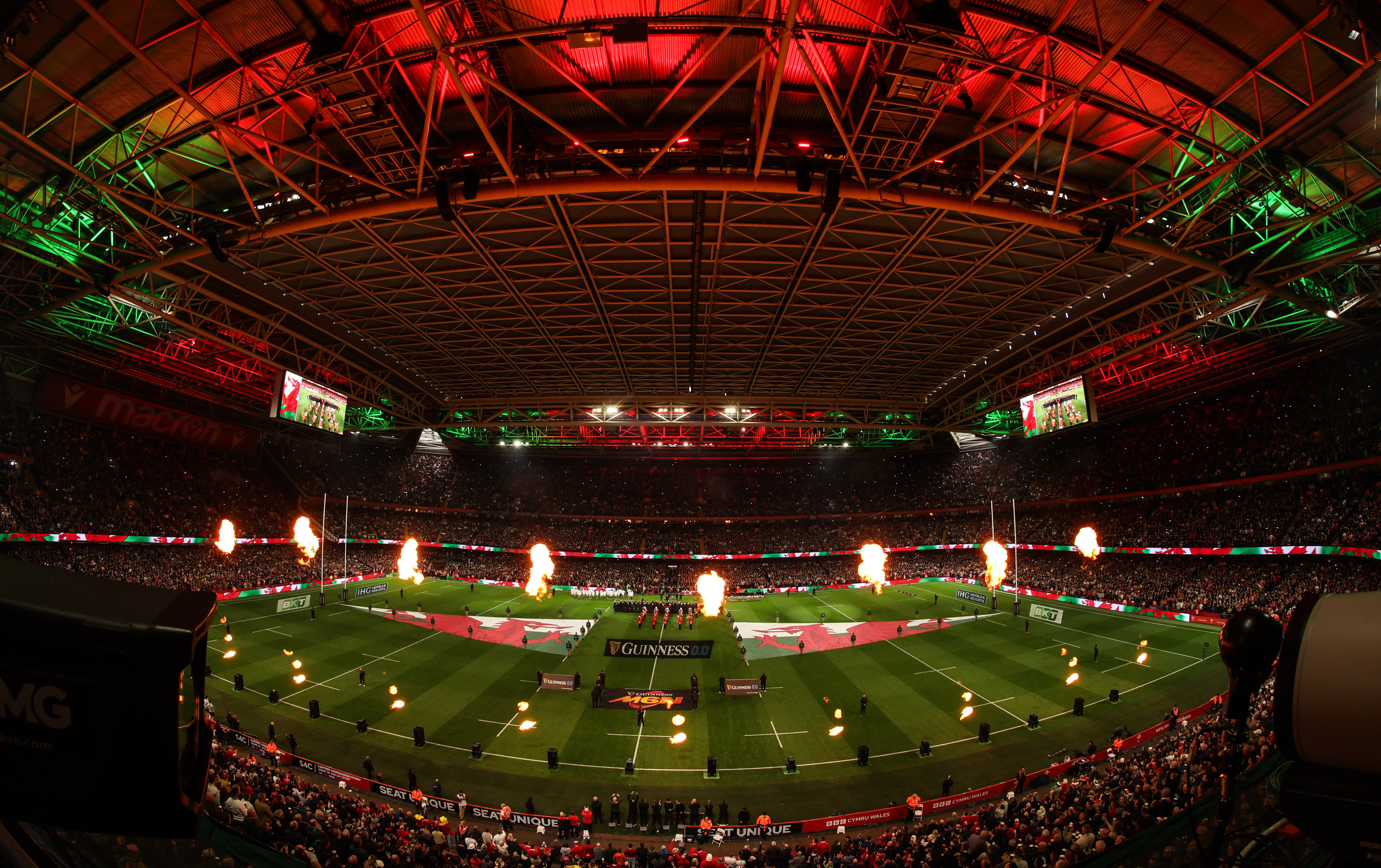 A view of the interior of the Principality Stadium during a pre-match light show in 2025.
