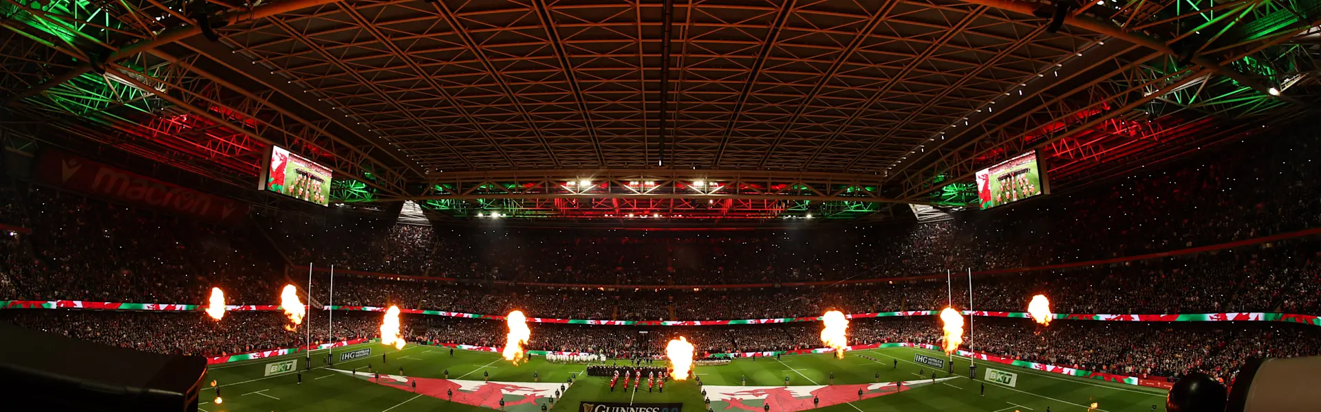 A view of the interior of the Principality Stadium during a pre-match light show in 2025.