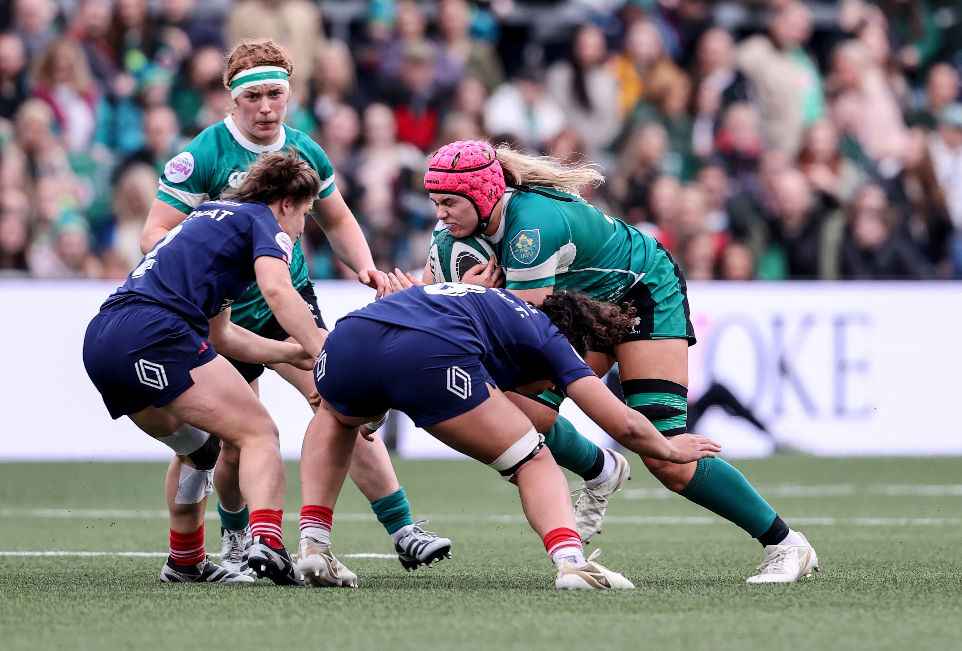 Ireland's Dorothy Wall comes up against France's Agathe Sochat and France's Teani Feleu during the 2025 Guinness Women's Six Nations Championship Round 1 game between Ireland and France in the Kingspan Stadium, Belfast, Northern Ireland, Saturday, March 22, 2025 (Photo by Dan Sheridan / Inpho)