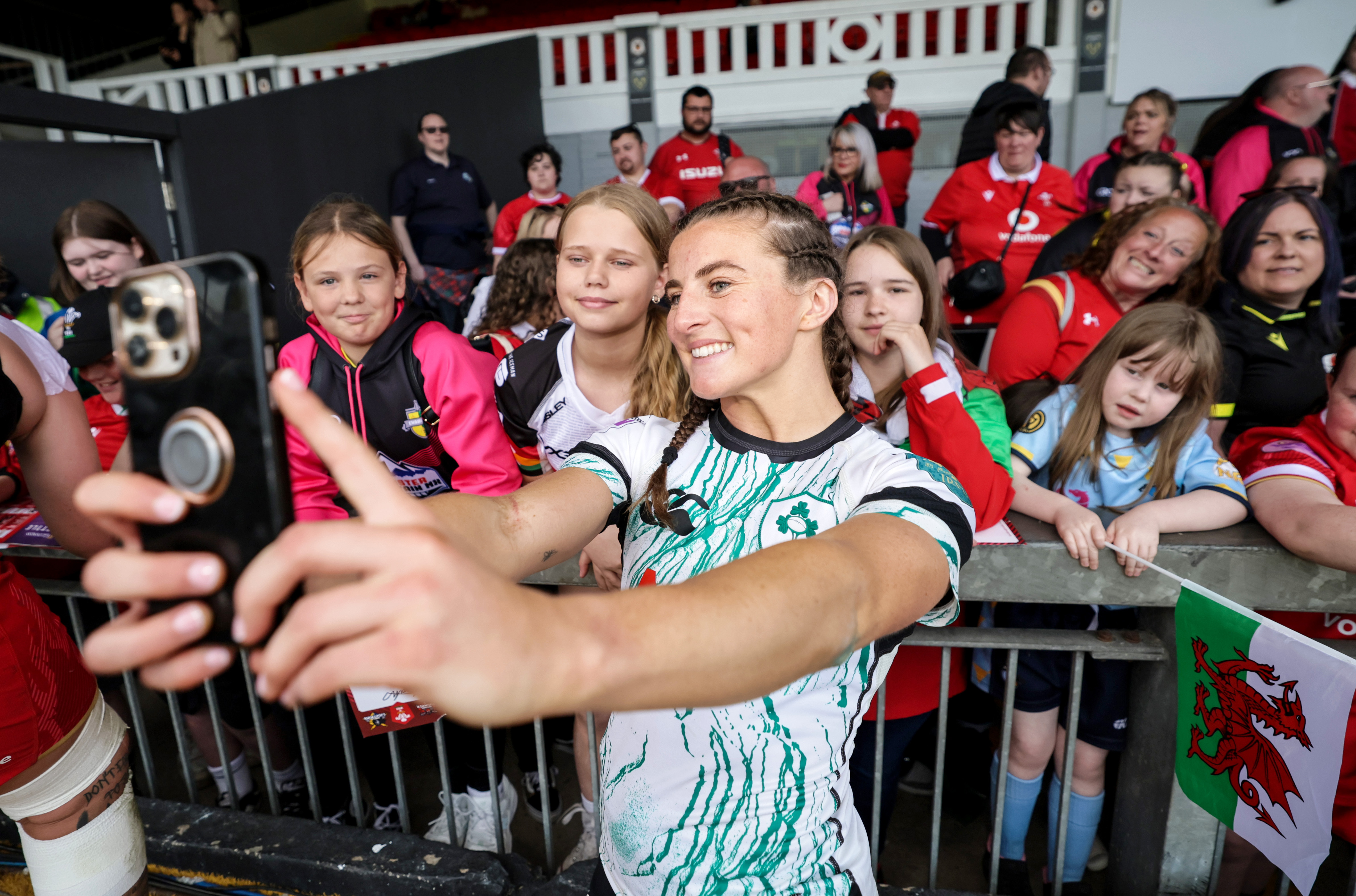 Emily Lane with fans post-Wales W6N 2025