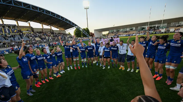 Italy players celebrate victory after the 2026 Guinness Women's Six Nations Championship Round 3 game between Italy and Scotland in Stadio Sergio Lanfranchi, Parma