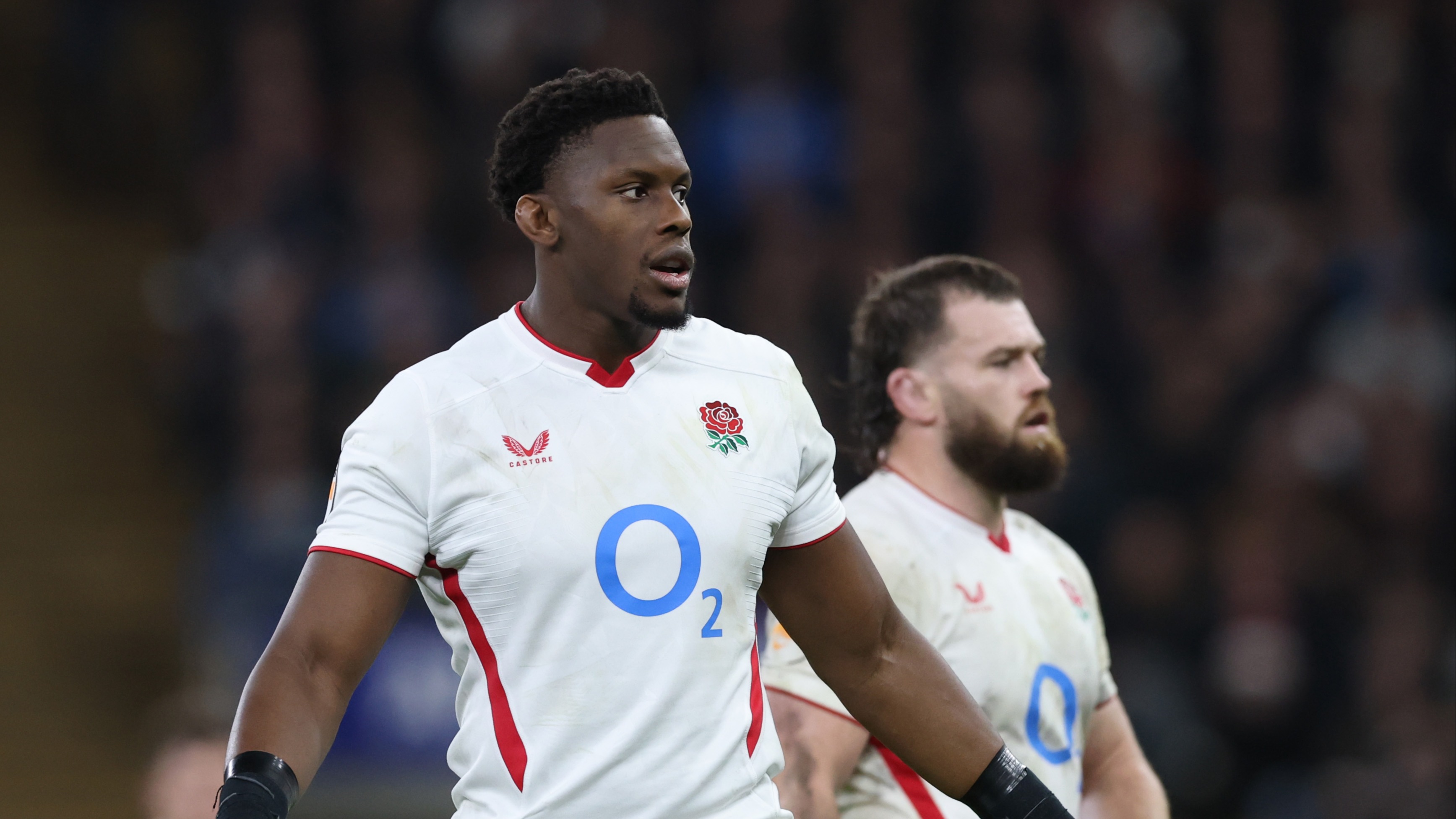 Maro Itoje during a break in play at the Principality Stadium during the 2026 Championship.