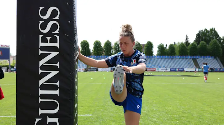 Veronica Madia warms up ahead of the 2025 Guinness Women's Six Nations Championship Round 4 game between Italy and France in Stadio Sergio Lanfranchi, Parma, Italy