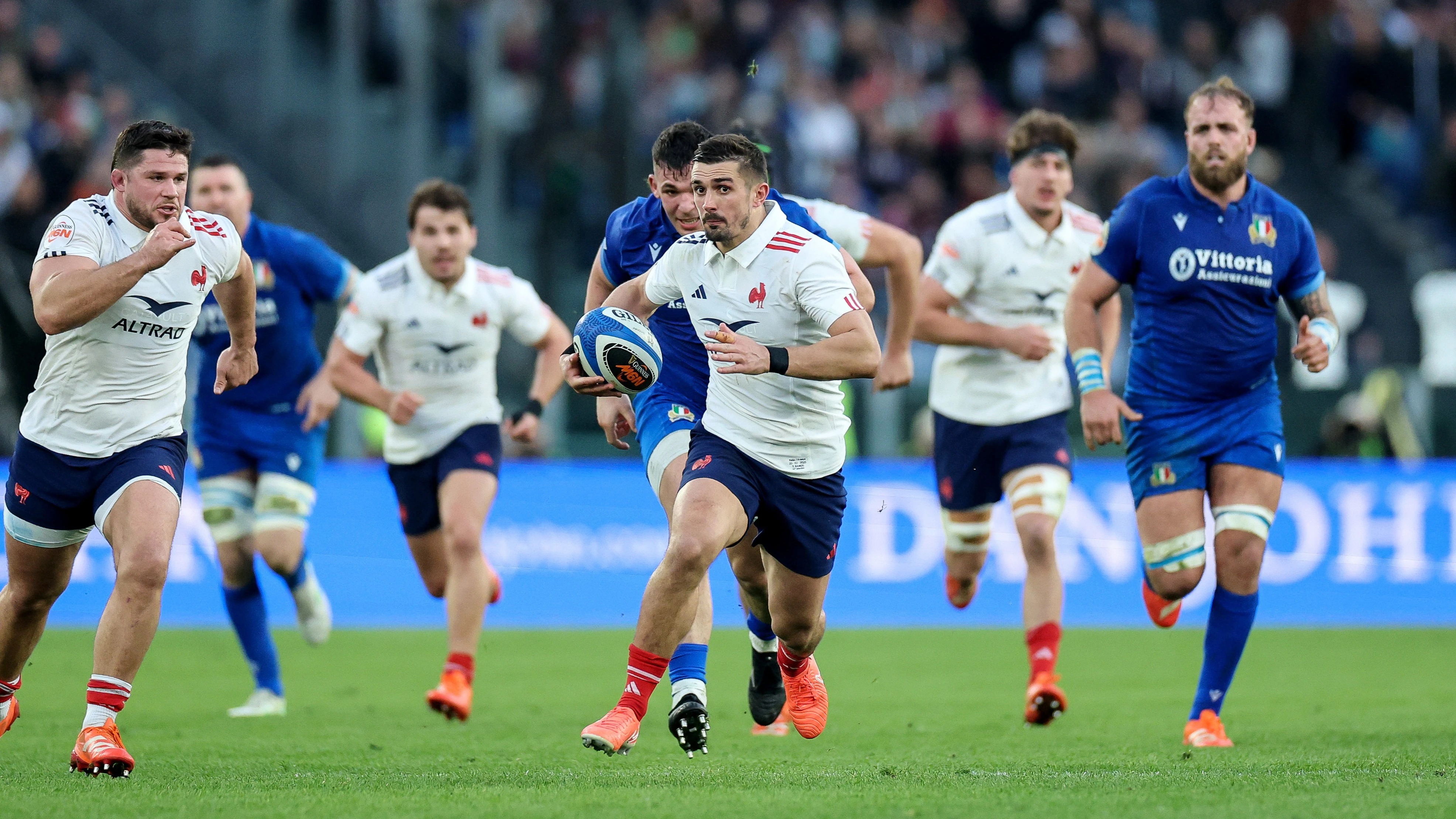 France's Thomas Ramos makes a break during the 2025 match against Italy in Rome.