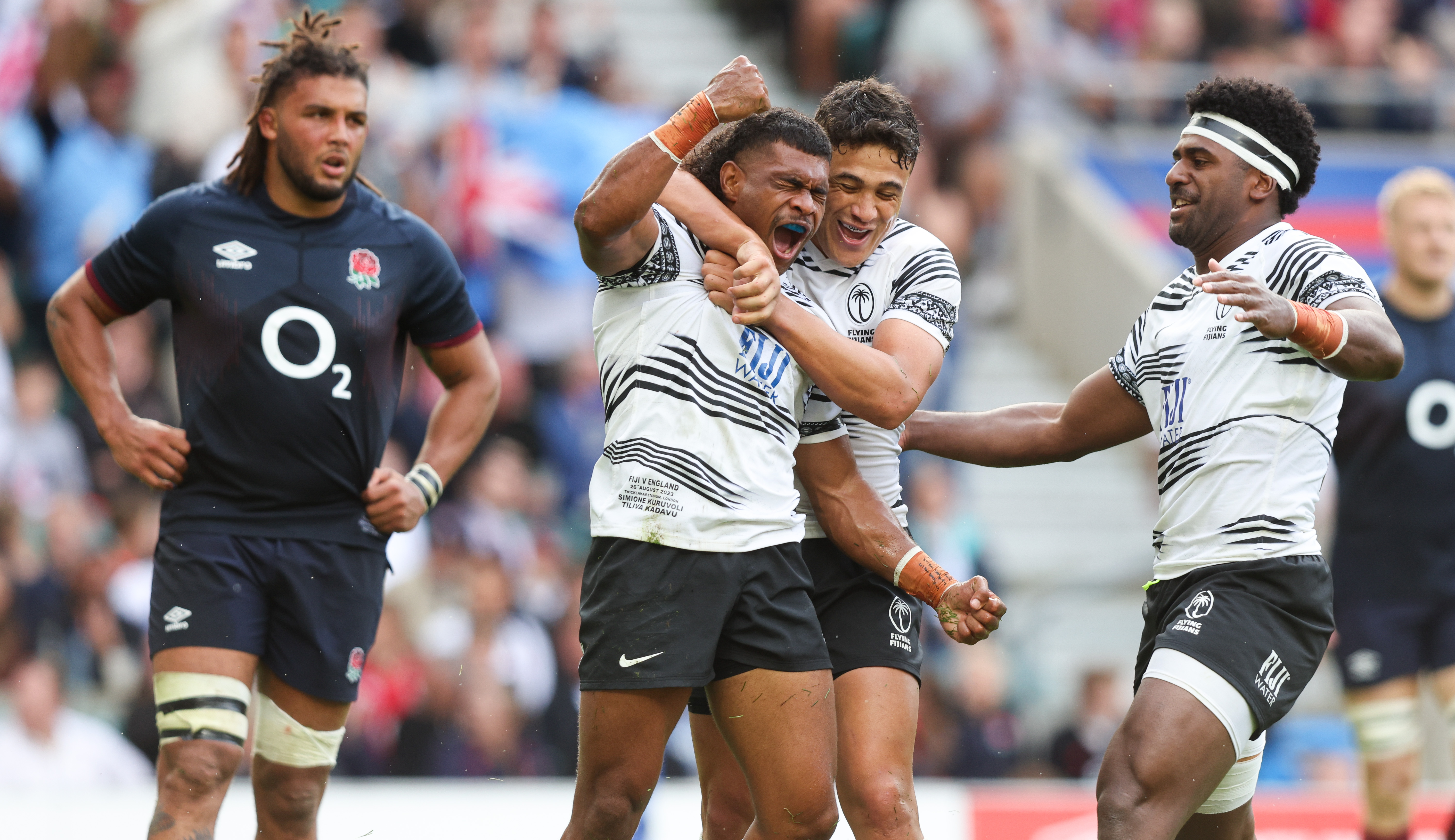 Fiji celebrate victory over England in the 2023 Summer Nations Series.