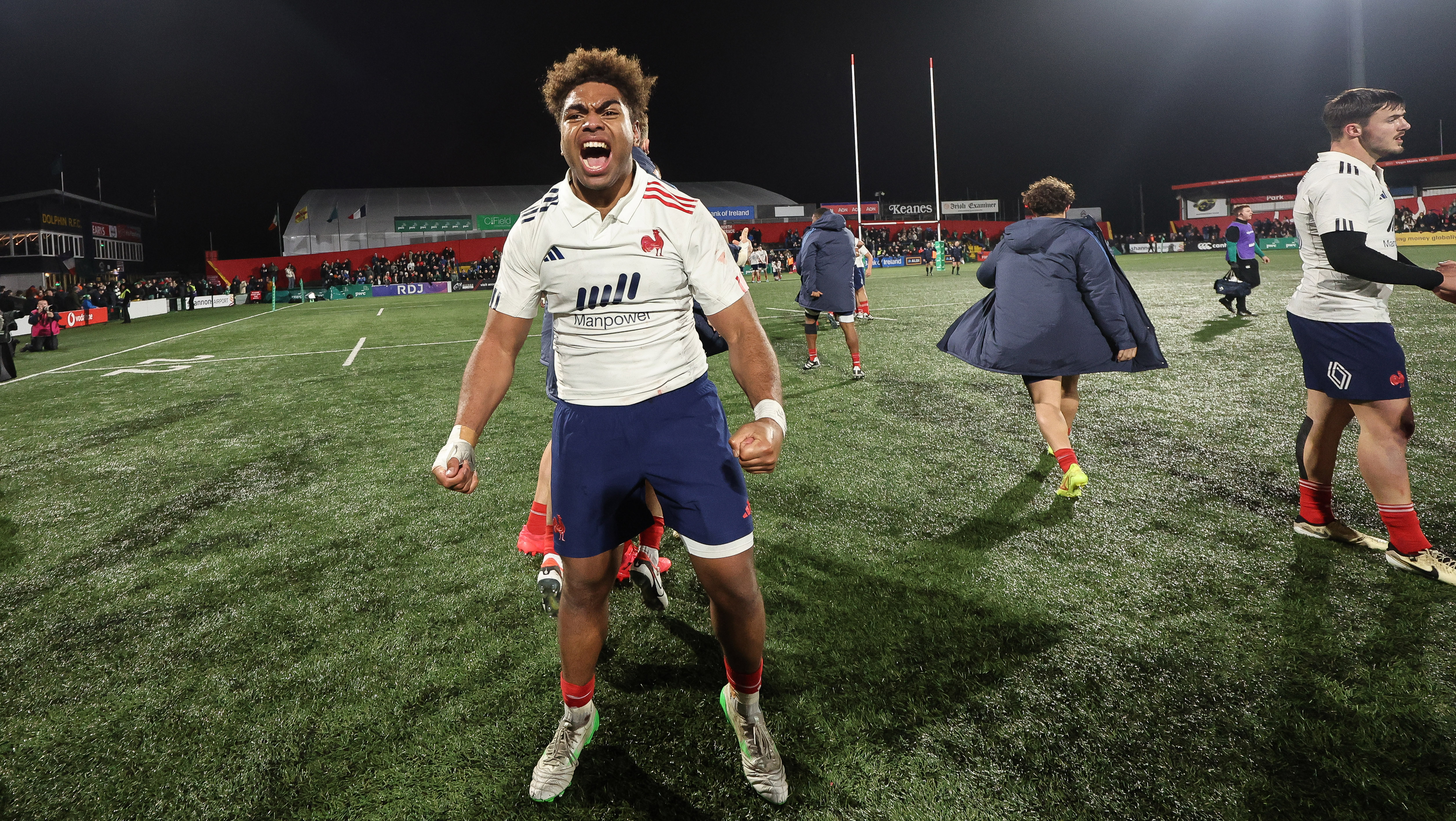 France’s Simeli Daunivucu celebrates winning after the 2025 Under 20 Six Nations Championship Round 4 between Ireland and France in Virgin Media Park, Cork, Ireland, Friday, March 7, 2025 (Photo by James Crombie / Inpho)