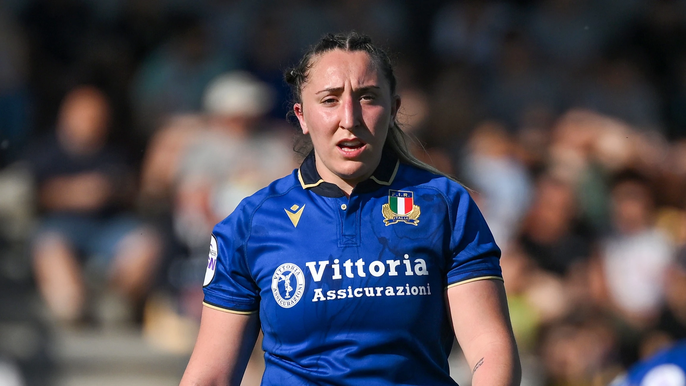 Francesca Sgorbini looks into the camera during a break in play in the 2026 Guinness Women's Six Nations Championship Round 3 game against Scotland in Stadio Sergio Lanfranchi, Parma.