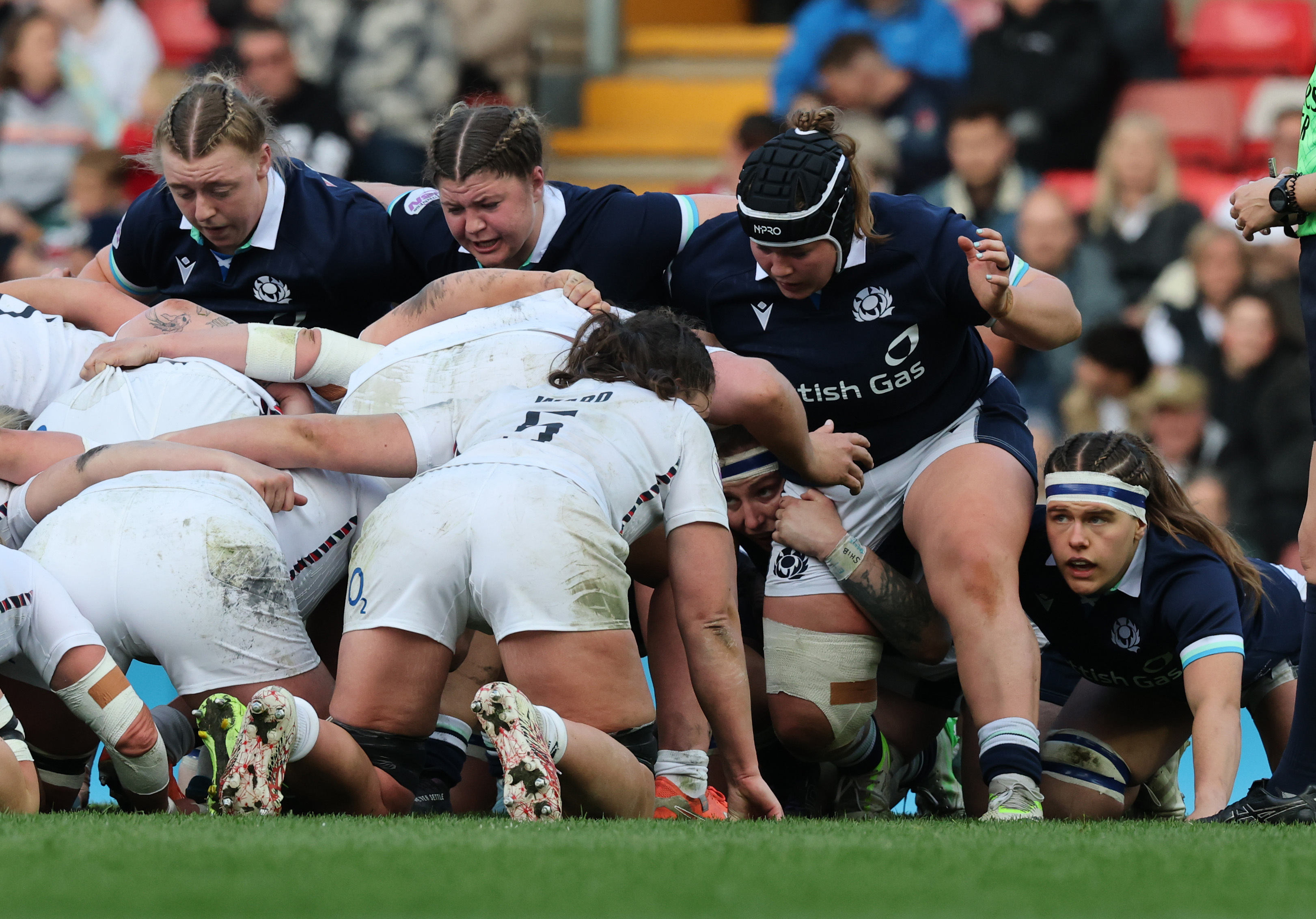 Scotland's Molly Poolman, Elis Martin, Jade Konkel and Leah Bartlett and Gort CS' James Kearns during the 2025 Guinness Women's Six Nations Championship Round 4 game between England and Scotland in Mattioli Woods Welford Road Stadium, Leicester