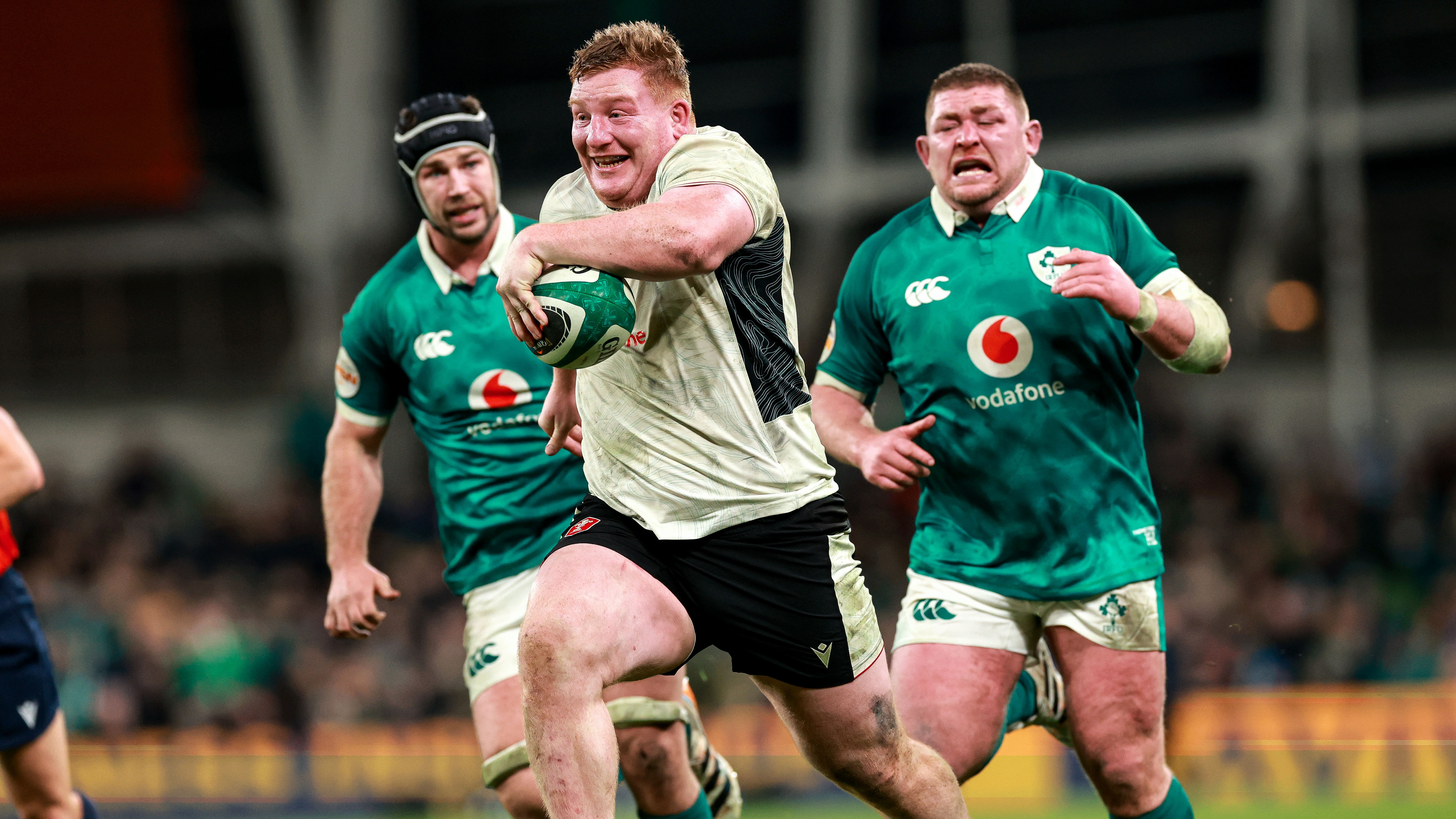 Wales' Rhys Carre runs in a try during the 2026 Guinness Six Nations Championship Round 4 game between Ireland and Wales in the Aviva Stadium, Dublin, Ireland