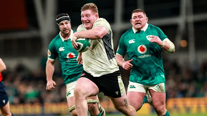 Wales' Rhys Carre runs in a try during the 2026 Guinness Six Nations Championship Round 4 game between Ireland and Wales in the Aviva Stadium, Dublin, Ireland