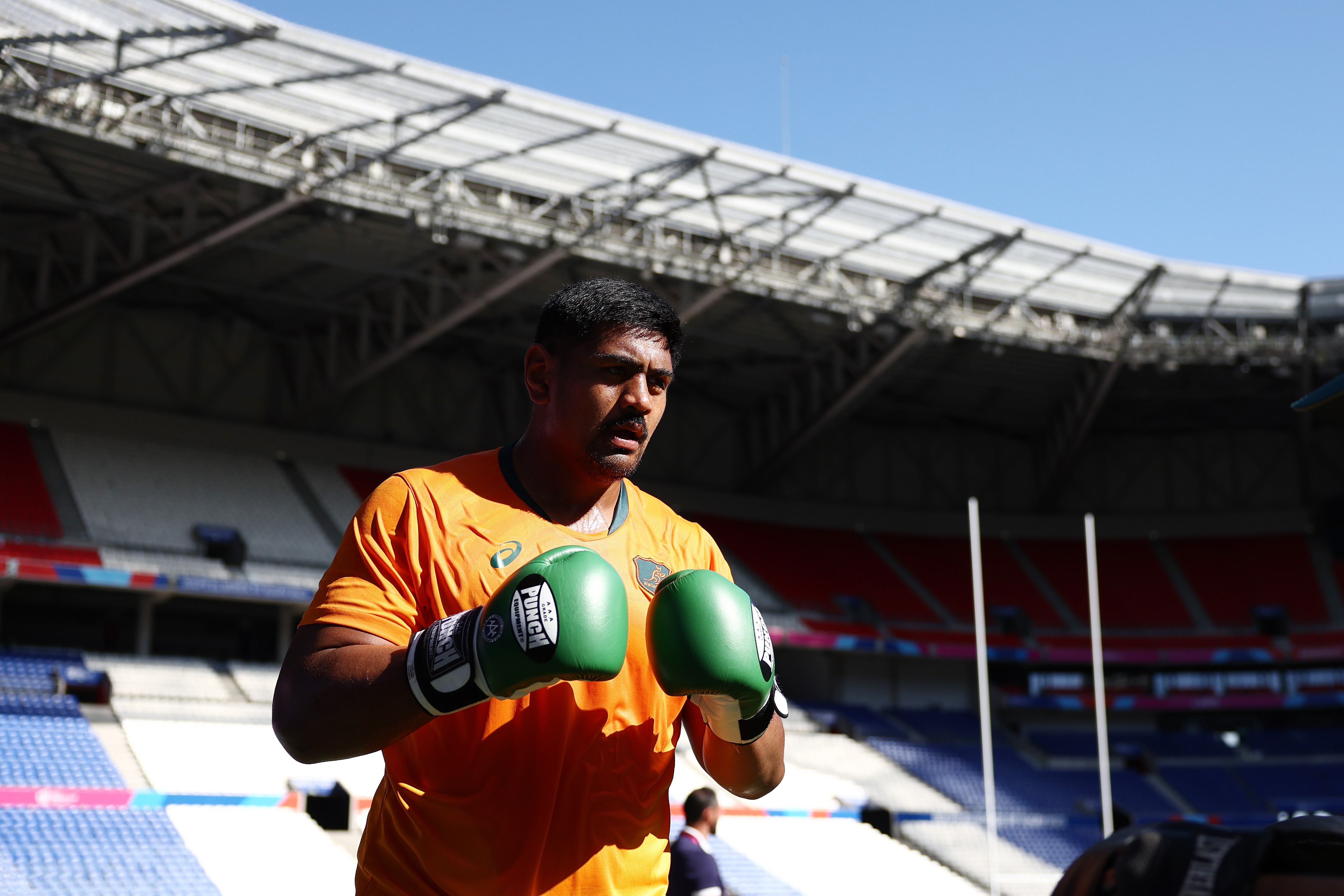 Will Skelton of the Wallabies runs through drills during the Australia captain's run ahead of their Rugby World Cup France 2023 match against Wales at Parc Olympique on September 23, 2023 in Lyon, France. (Photo by Chris Hyde/Getty Images)