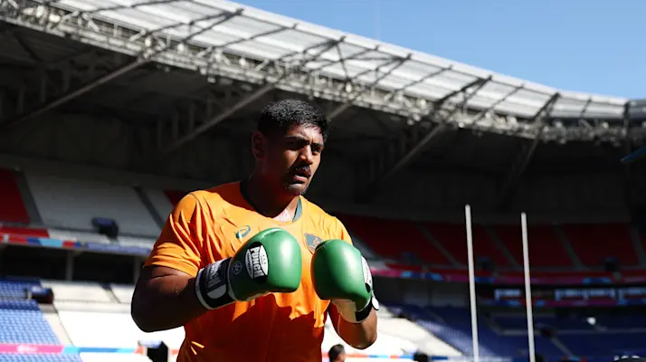 Will Skelton of the Wallabies runs through drills during the Australia captain's run ahead of their Rugby World Cup France 2023 match against Wales at Parc Olympique on September 23, 2023 in Lyon, France. (Photo by Chris Hyde/Getty Images)