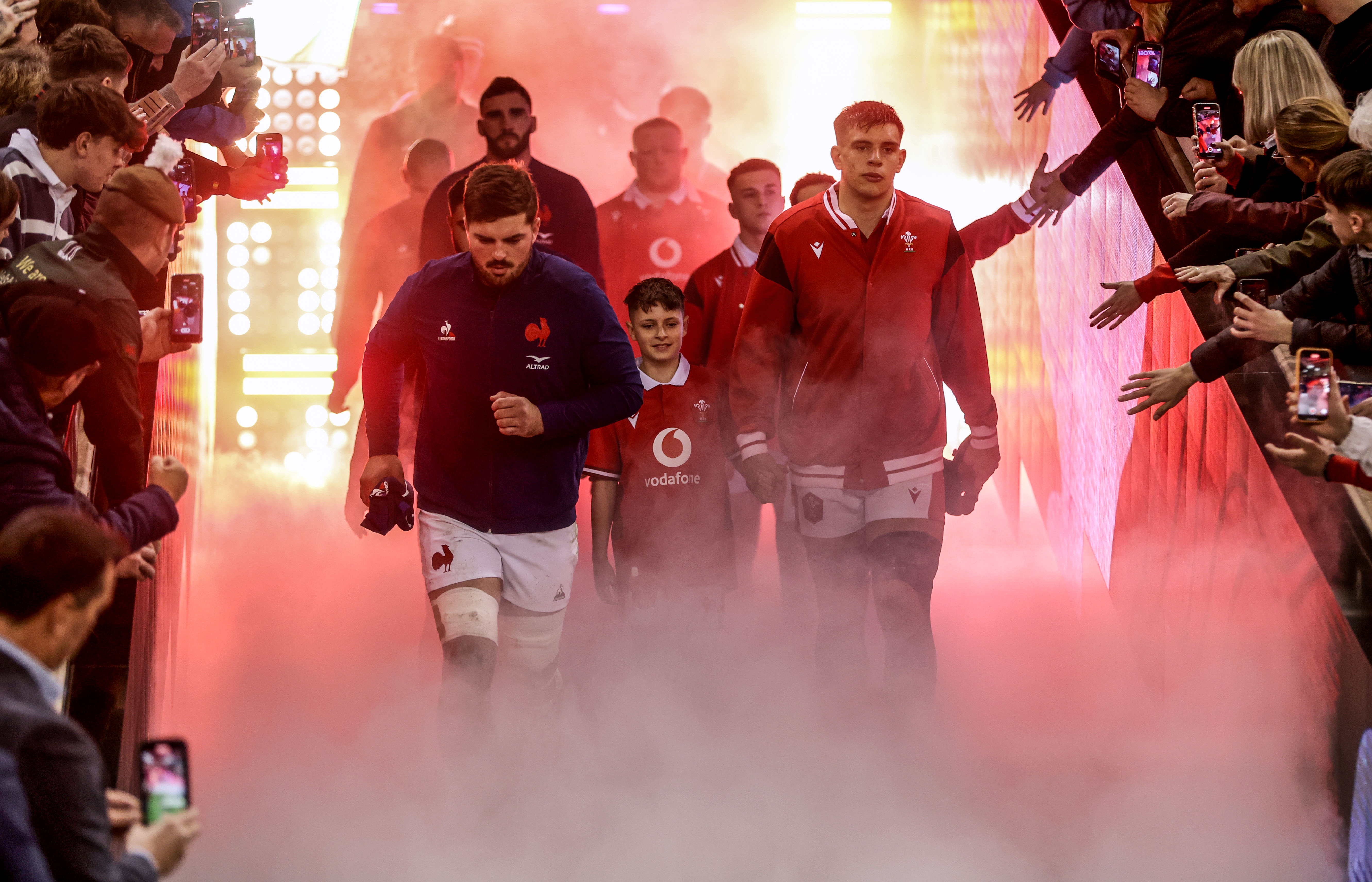 France's Gregory Alldritt and Wales' Dafydd Jenkins lead their sides out ahead of the 2024 Guinness Six Nations Championship Round 4 between Wales and France in the Principality Stadium, Cardiff, Wales Sunday, March 10, 2024 (Photo by Dan Sheridan / Inpho)