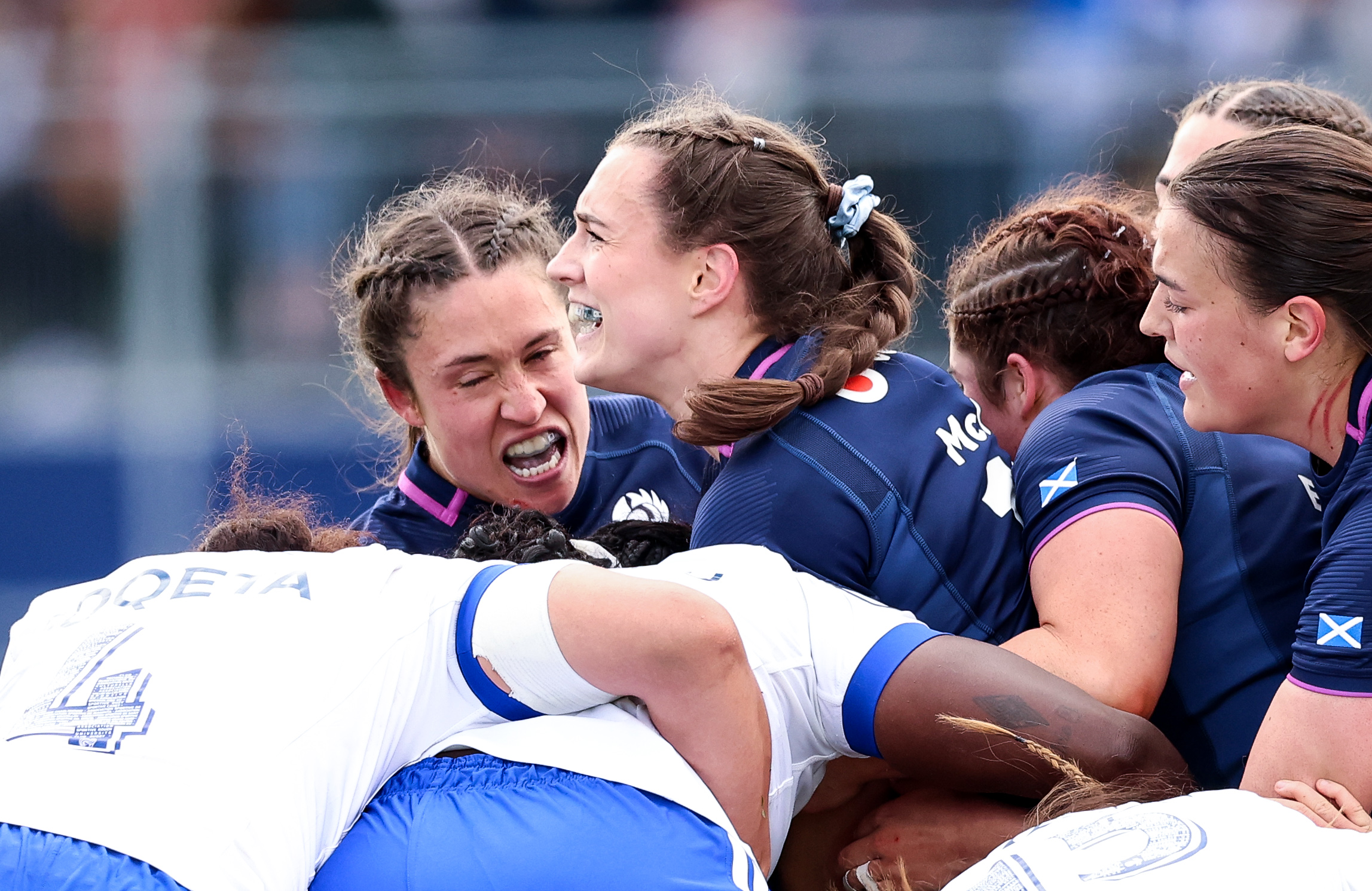 Scotland's Rhona Lloyd, Francesca McGhie and Rachel Phillips during the 2026 Guinness Women's Six Nations Championship Round 4 game between Scotland and France in Hive Stadium, Edinburgh