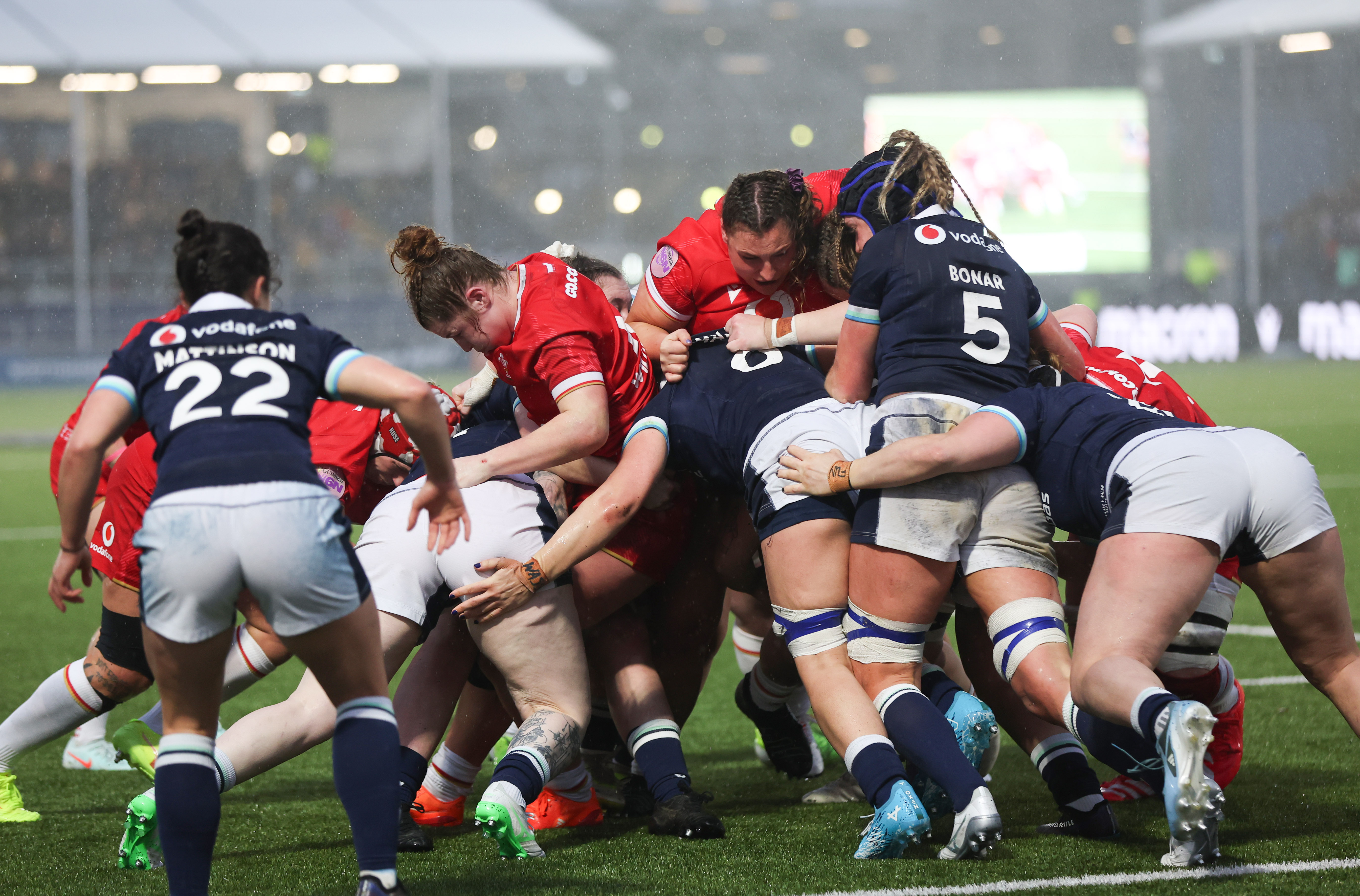 A view of a maul during the 2025 Guinness Women's Six Nations Round 1 game between Scotland and Wales in the Hive Stadium, Edinburgh,