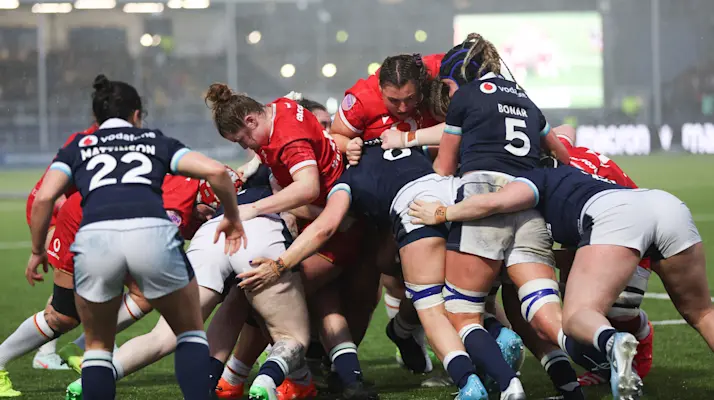 A view of a maul during the 2025 Guinness Women's Six Nations Round 1 game between Scotland and Wales in the Hive Stadium, Edinburgh,
