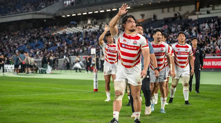 Japan's players wave to spectators after the rugby union test match between New Zealand and Japan at Nissan Stadium in Yokohama, Kanagawa prefecture, south of Tokyo, on October 26, 2024.