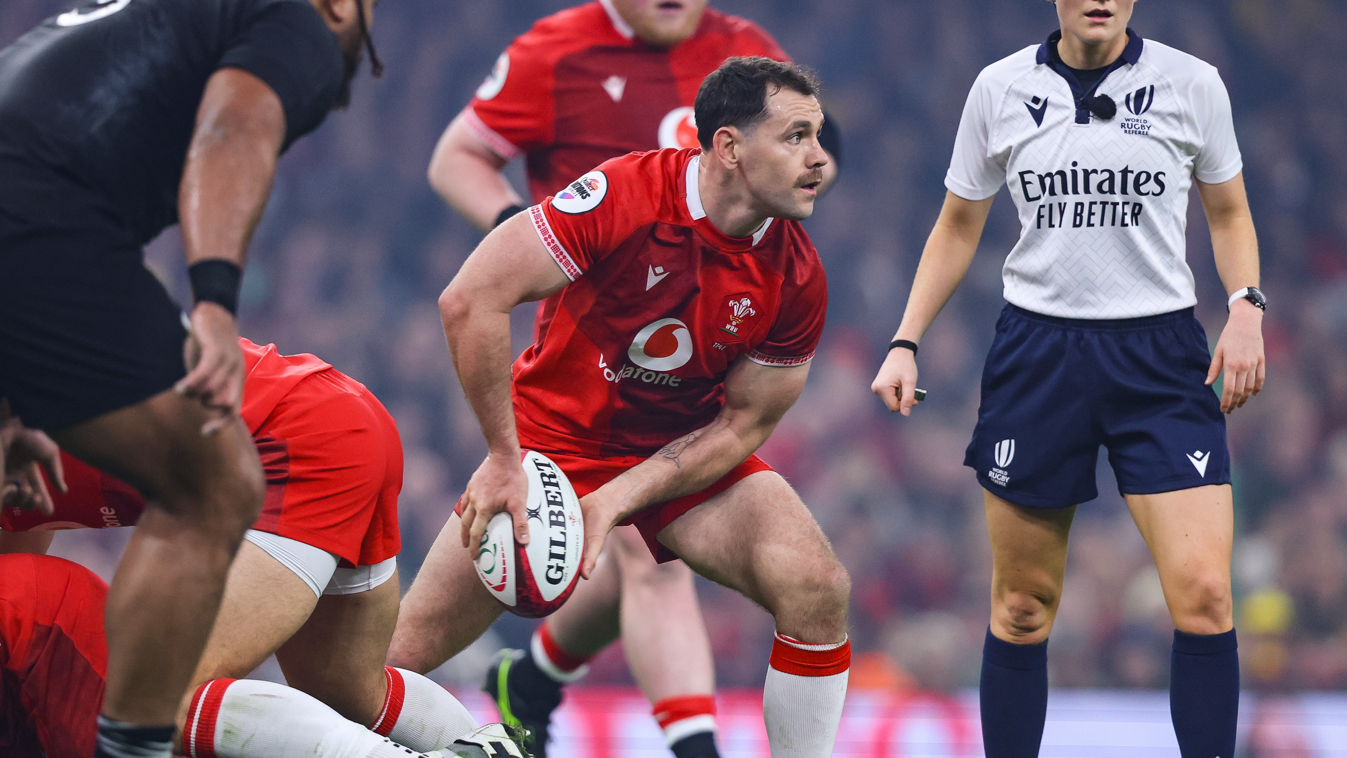Wales’ Tomos Williams about to pass the ball away from a ruck during the 2025 Quilter Nations Series game against New Zealand.